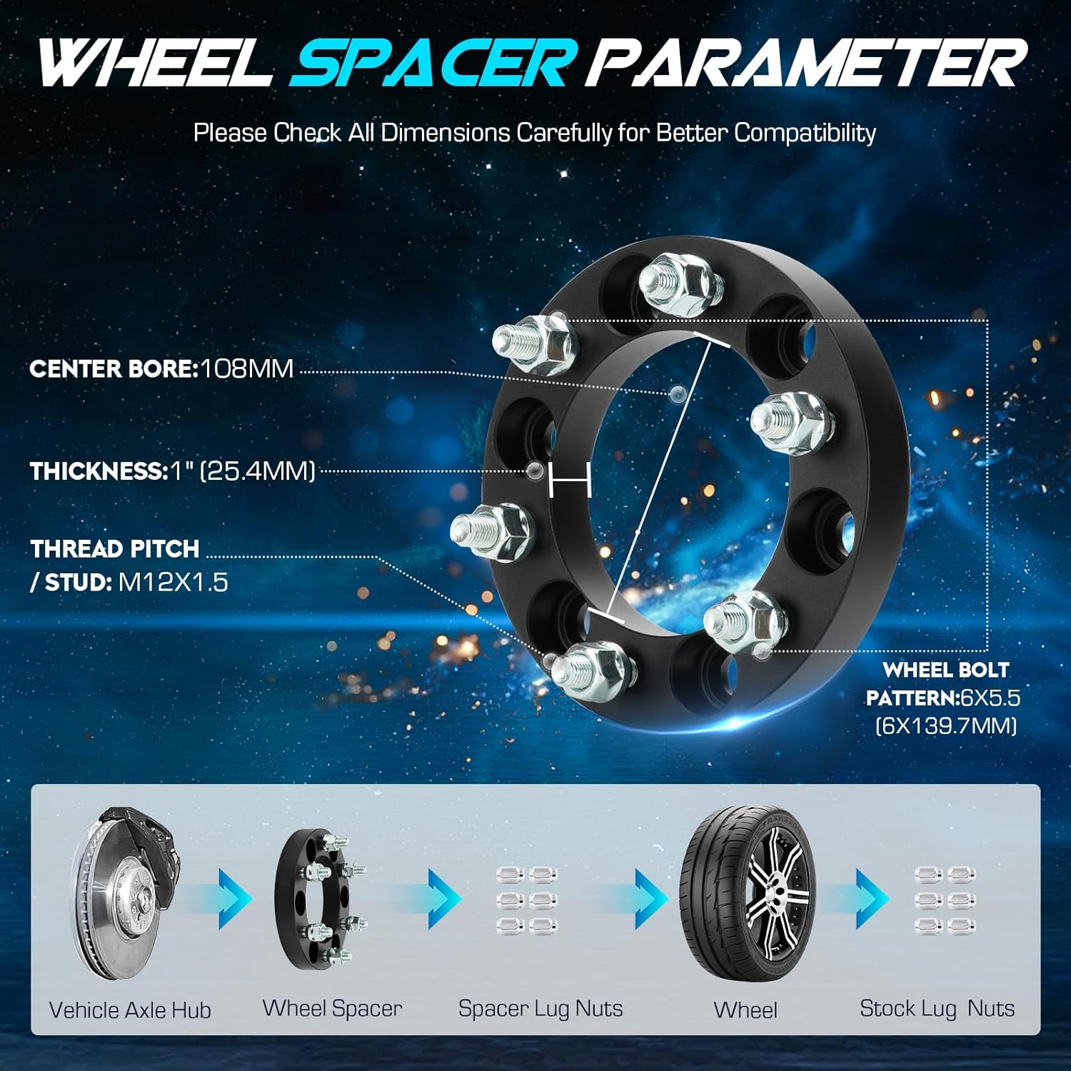 4pcs 6x5.5 Wheel Spacers M12x1.5 Thread Pitch 108mm Bore for 2004-2014 Chevrolet Colorado, 2003-2024 Toyota 4Runner, 2007-2014 FJ Cruiser, 1" (25mm) Thickness 6x139.7mm Adapters, Not Hubcentric