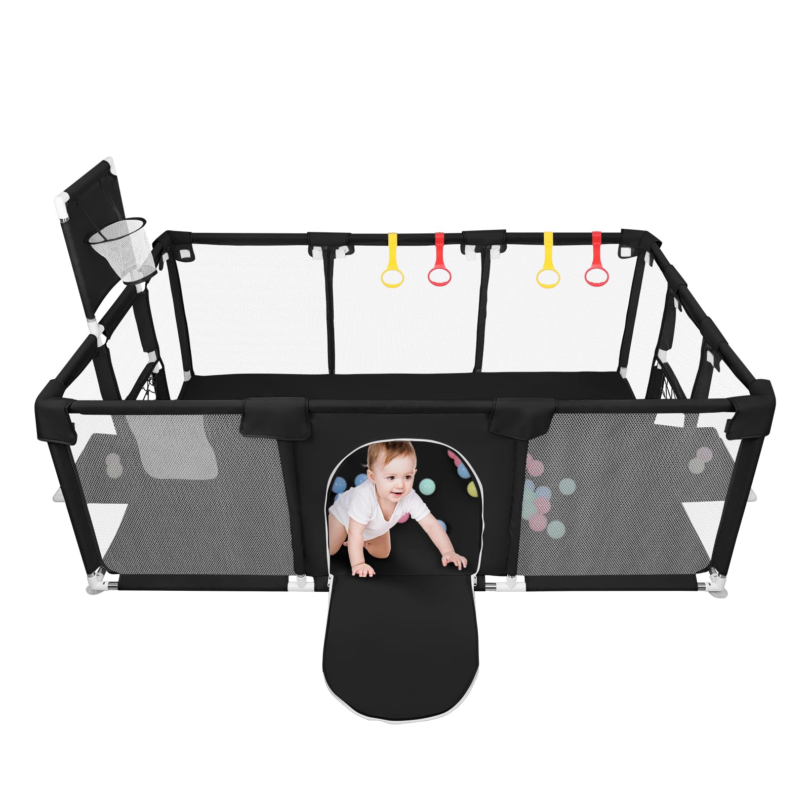 OHMG Parc Bébé,180 * 120cm,d'Activité pour Enfants avec Base,Modulable,Pliable,Grand parc pour enfant en bas âge Avec Porte Zippée,50 Balles,Basketball Rack,4 Ventouses (180 * 120 * 66cm-Noir)