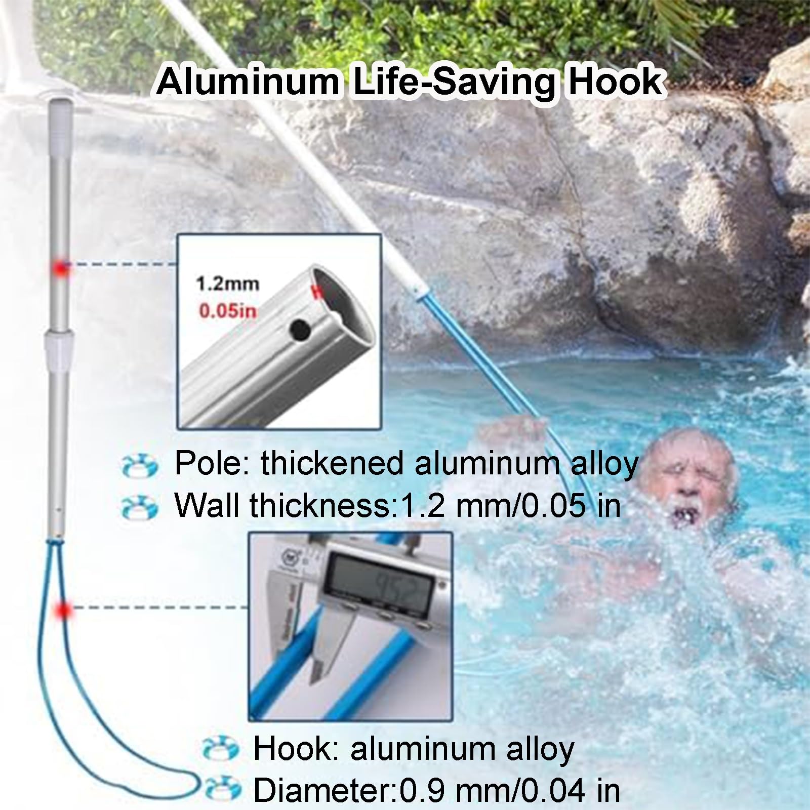 Pértiga telescópica de Rescate de Emergencia con Gancho de Seguridad para la Seguridad acuática, Ideal para Piscinas, Parques, embarcaciones y muelles lacustres.