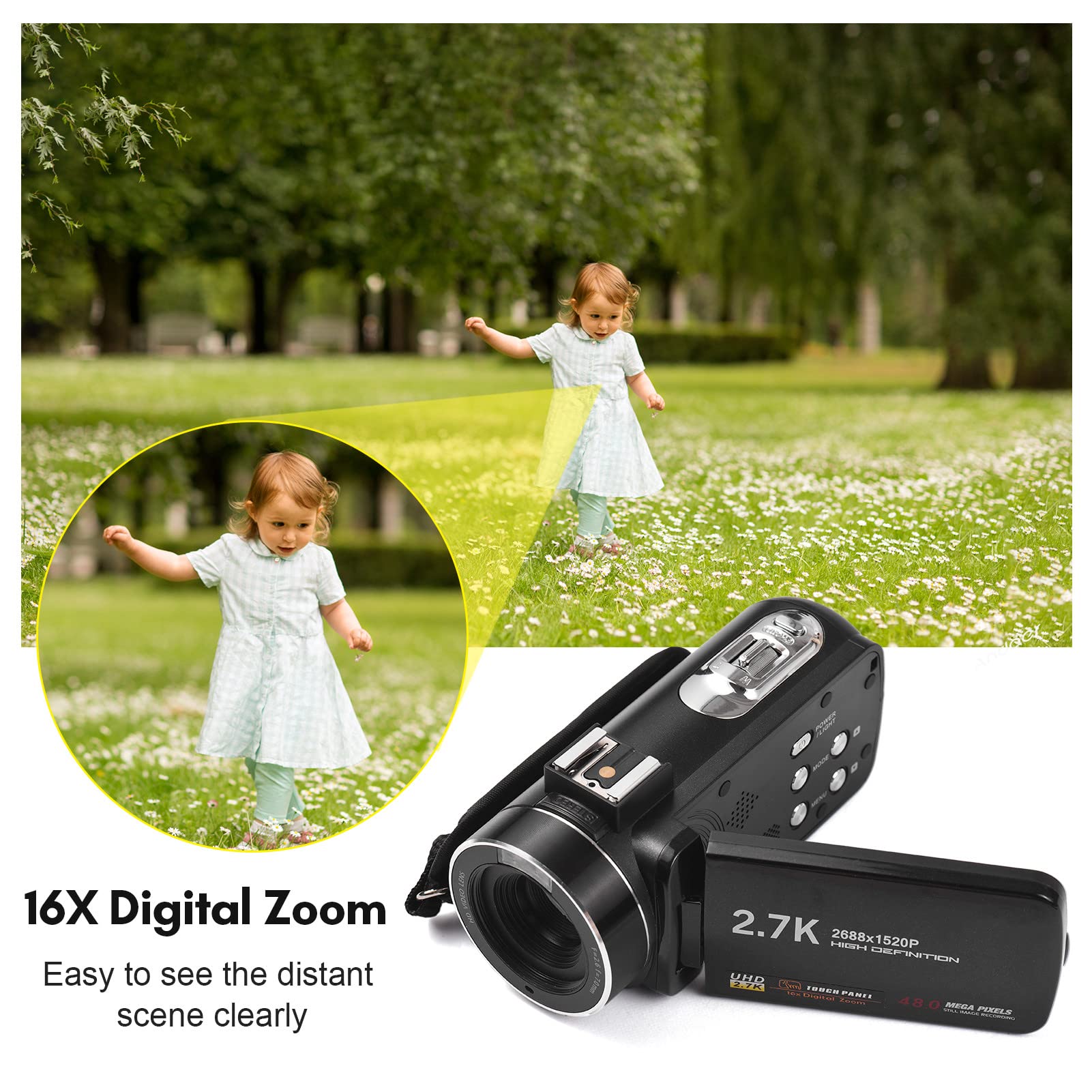 Andoer Videocamera digitale 2.7K Videocamera Registratore DV 48MP Zoom digitale 16X Pannello tattile IPS da 3,0 pollici Supporta Face Detection Beauty Face Smile Capture Anti-shake