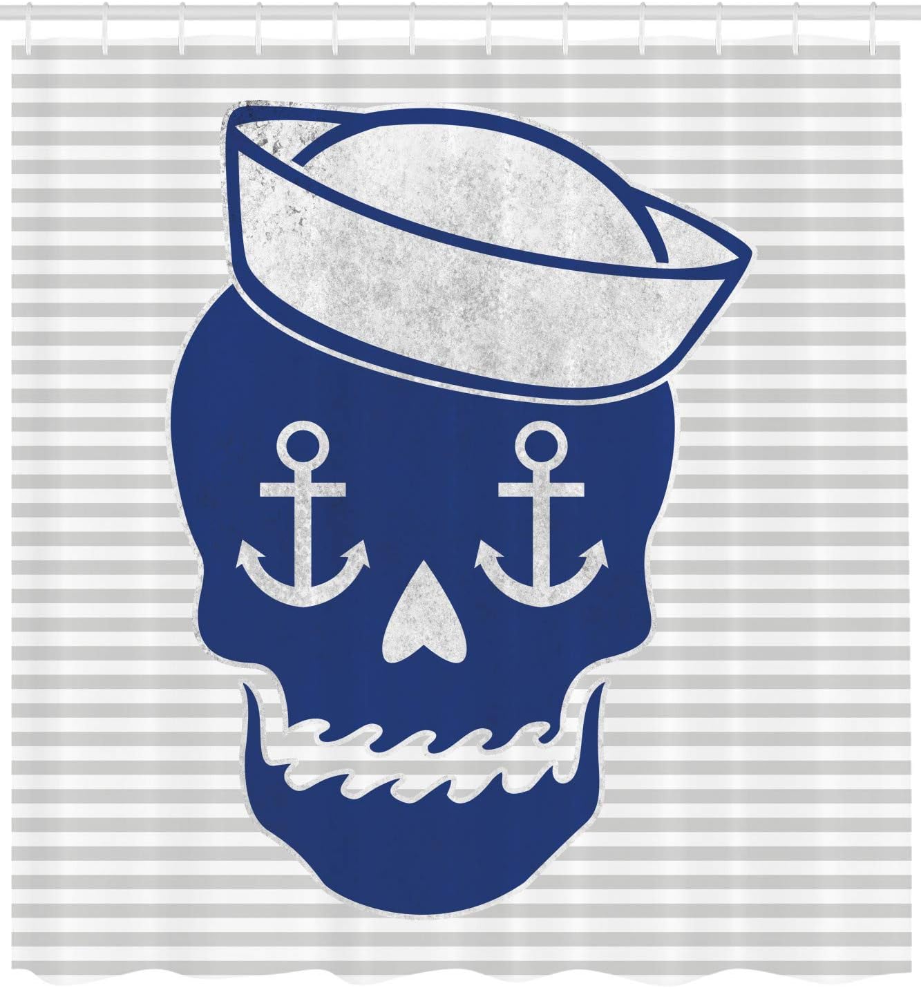 Ambesonne Skull Shower Curtain, Composition with Stripes and Silhouette Nautical Themed Arrangement, Cloth Fabric Bathroom Decor Set with Hooks, 70 Inches, Blue Grey and White