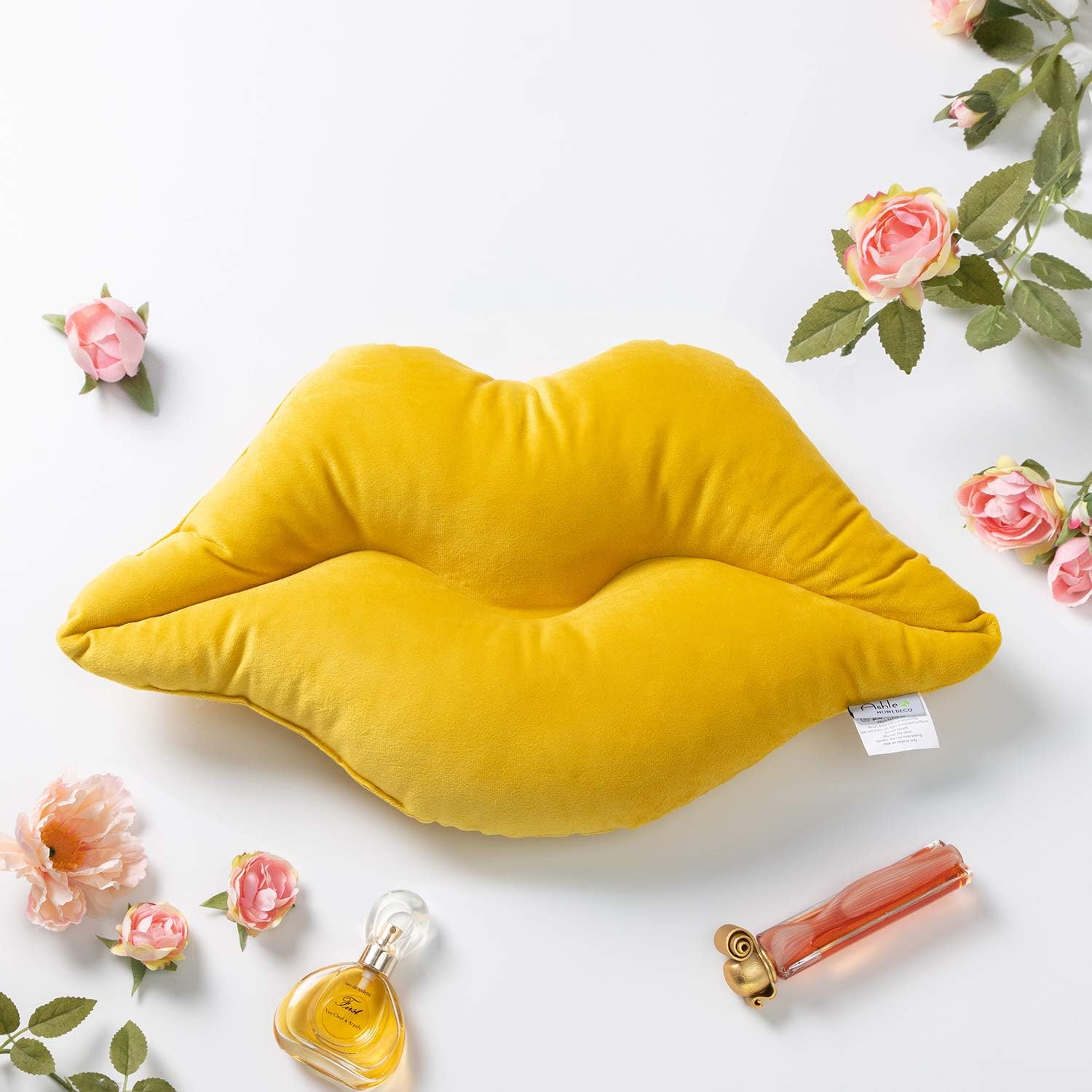 Ashler Lips Throw Pillows Smooth Soft Velvet Insert Included Cushion for Couch Bed Living Room, Yellow, 24 X 12 inches
