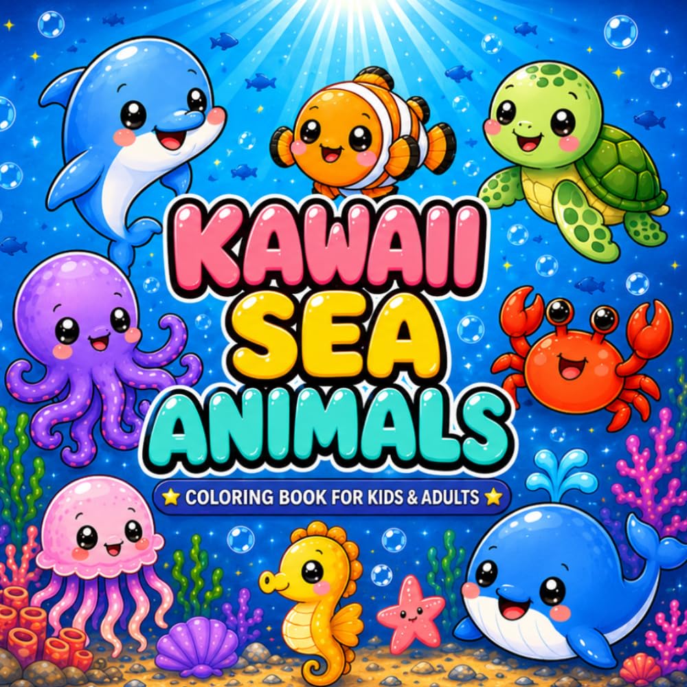Kawaii Sea Animals Coloring Book: Cute Ocean Life with Bold and Easy Designs for Kids and Adults, Stress Relief, Relaxation, and Fun Underwater Coloring