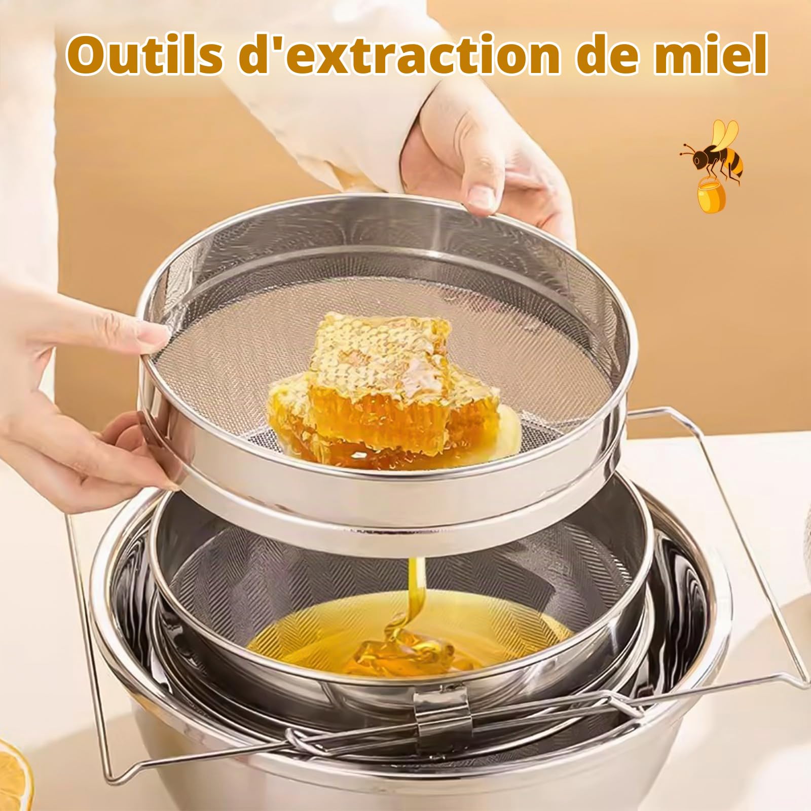 Filtre de Miel Double,Passoire à Miel en Acier Inoxydable avec Bras Extensibles,Tamis Filtrant pour Apiculture,Filtre pour Impuretés pour Seau de 5 Gallons,Apiculture équipement pour Rucher Set