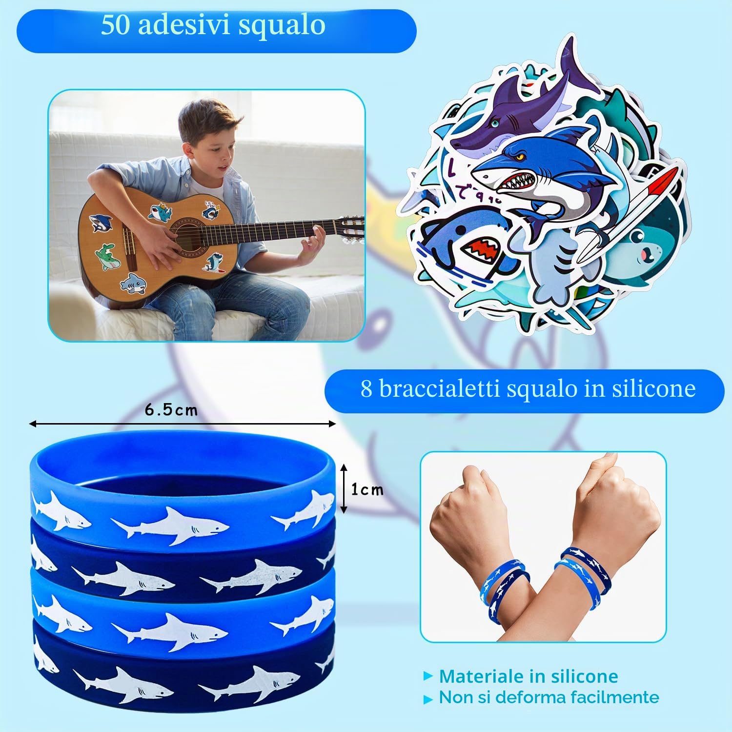 86 pezzi pensierini di squalo di compleanno per bambini, 12 bracciali con squalo, 8 bracciali in silicone, 8 sacchetti, 8 portachiavi, 50 adesivi