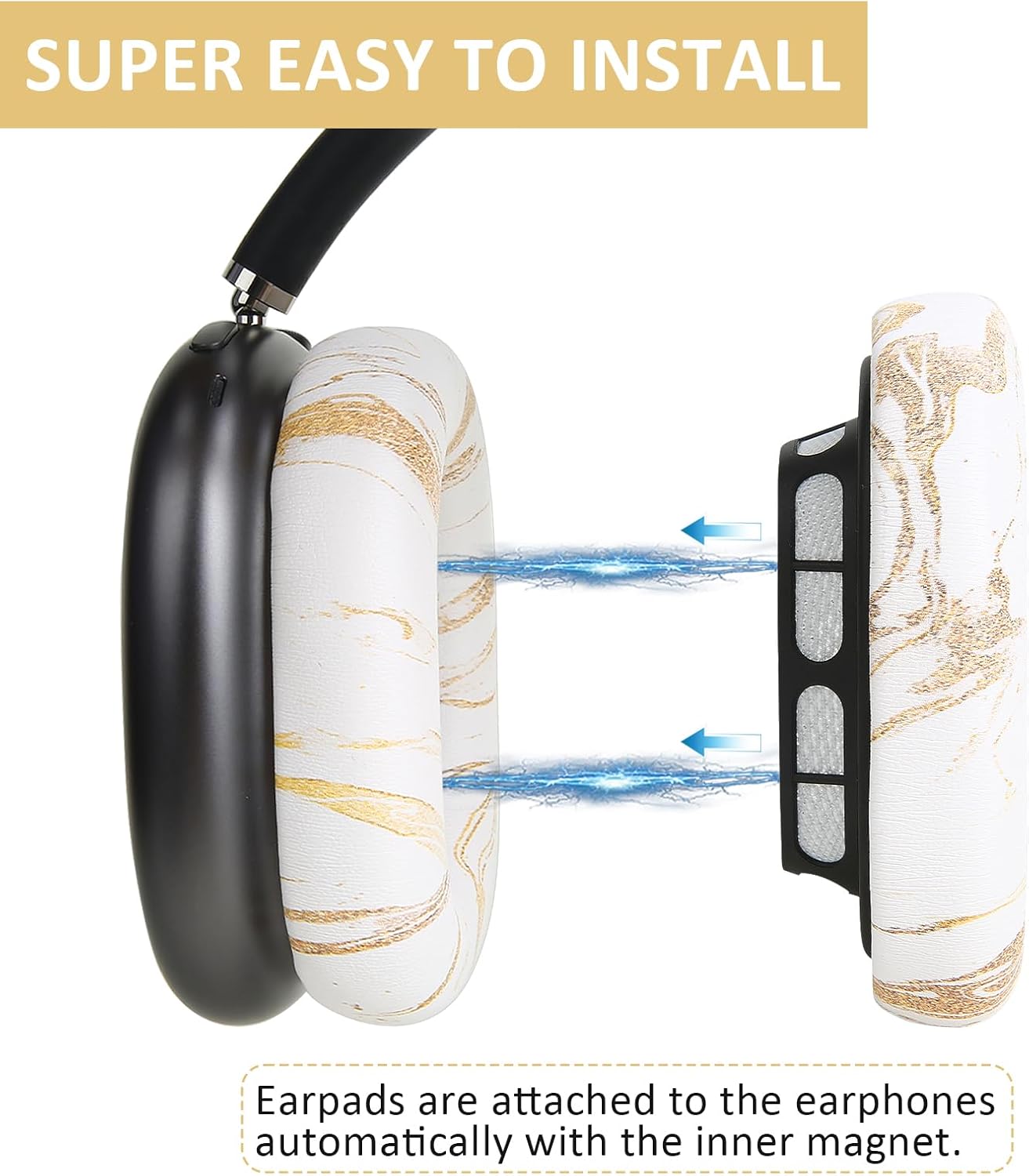 Ear Cushion Pads for AirPods Max Earpads Replacement with Protein Leather, Memory Foam and Magnet, Gorgeous and Luxury Style with White Gilding Pattern