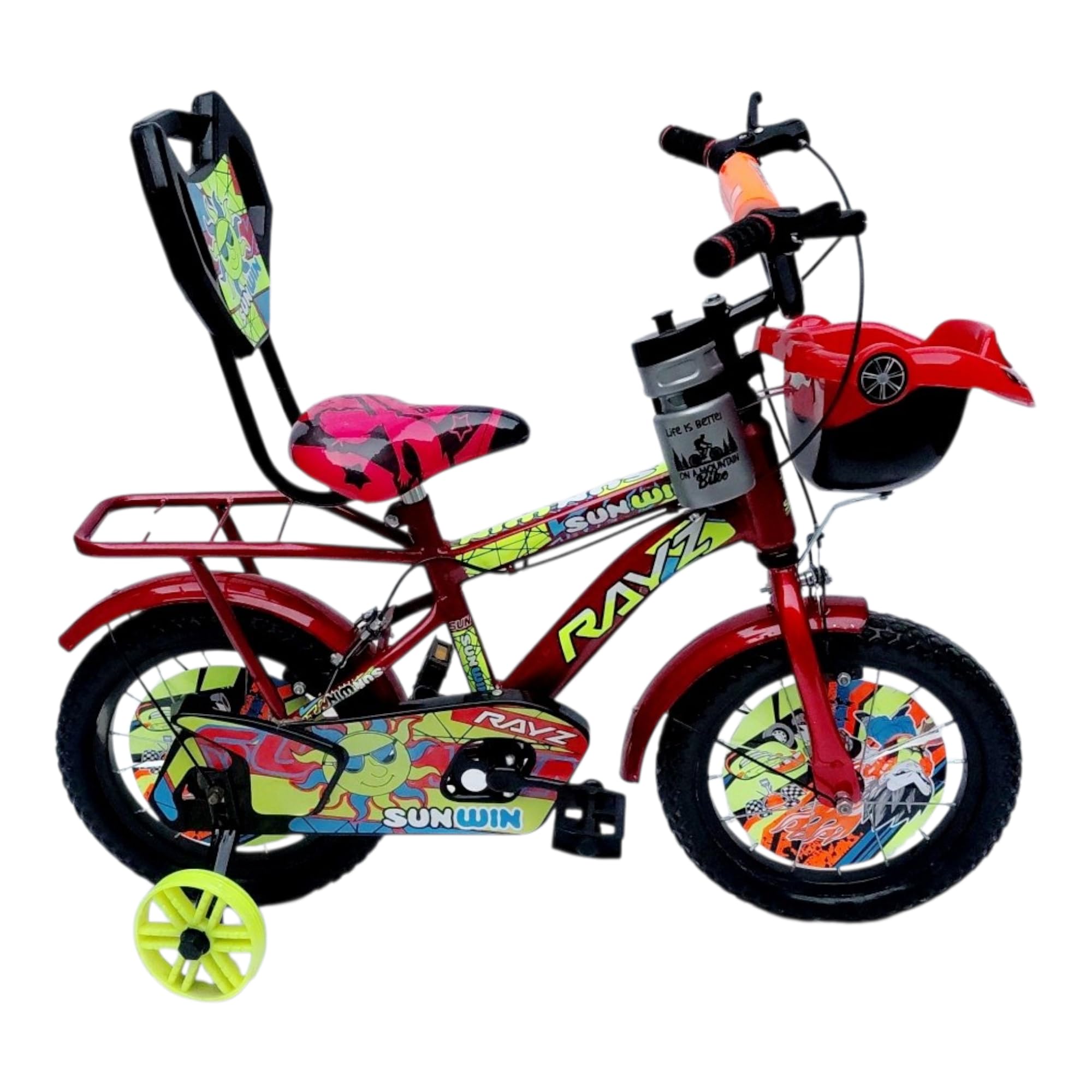 Rayz 14 Inch Kids Bicycle for 2–5 Years Boys & Girls with Training Wheels, Car Basket, Backrest, Water Bottle, Tubeless Tyres & Steel Mudguard – Red-image-27