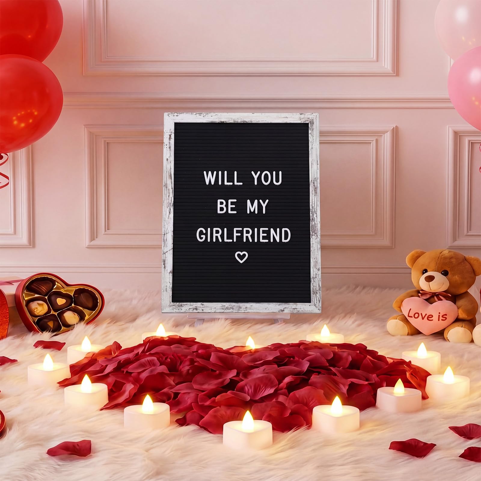 Ceenna Letrero romántico con velas LED y pétalos de rosa artificiales, para el día de San Valentín, letrero de madera con luces para el día de San Valentín, aniversario, fiesta (negro)