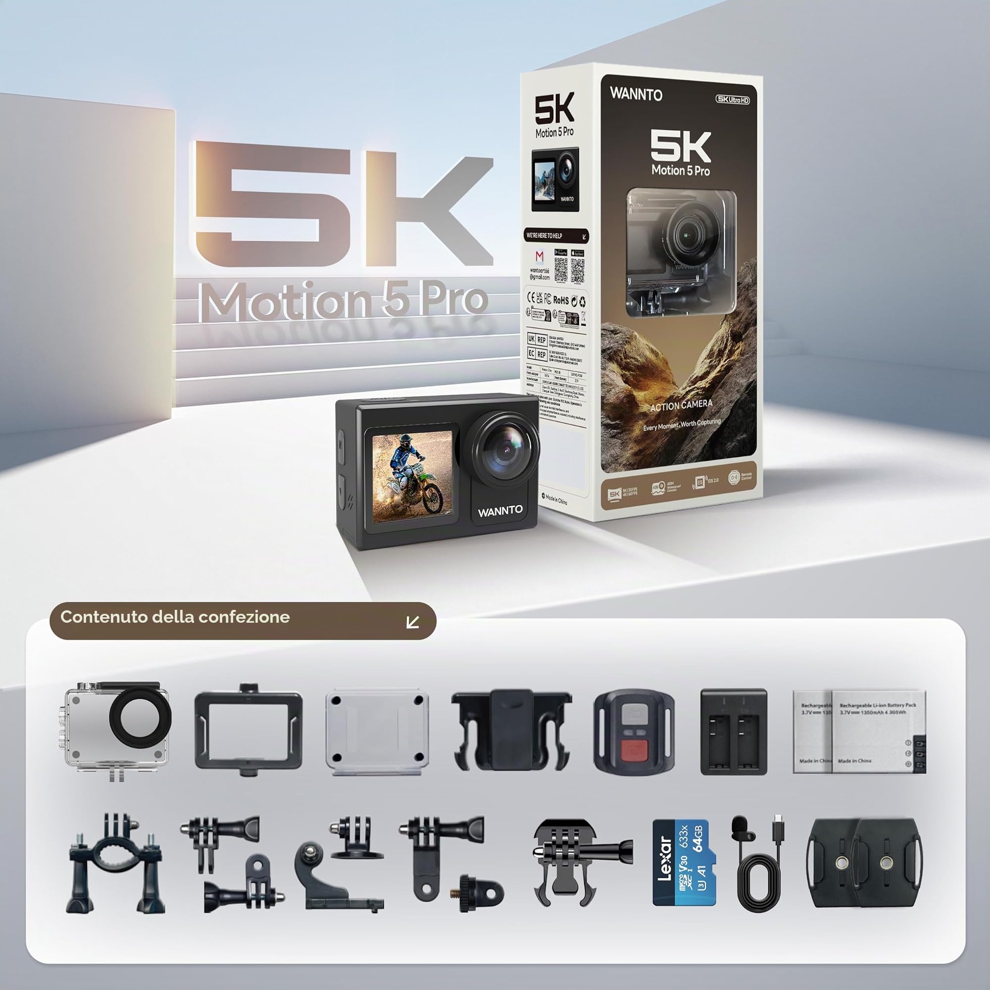 Action Cam 5K 24MP Motion 5 Pro 40M fotocamera subacquea Ultra HD Touch screen 170° grandangolo, stabilizzazione ghiaccio con microfono esterno 64GB scheda di memoria U3