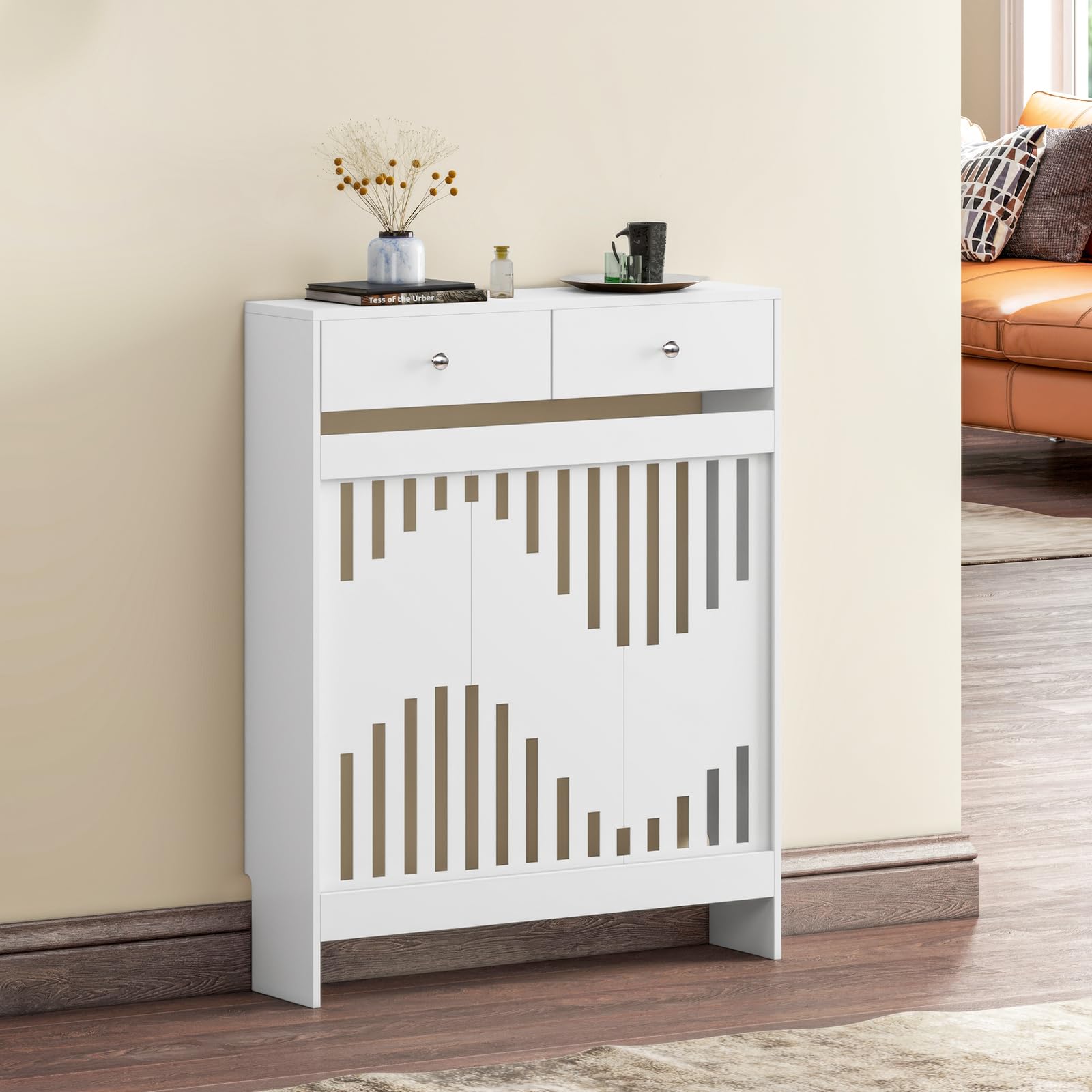 Luxstein Radiator Cover with Drawers, White Wooden Radiator Shelf Pipe Covers Cabinet with Wavy Grill for Living Room Bedroom Hallway, 78Lx19Wx95Hcm โ image 1