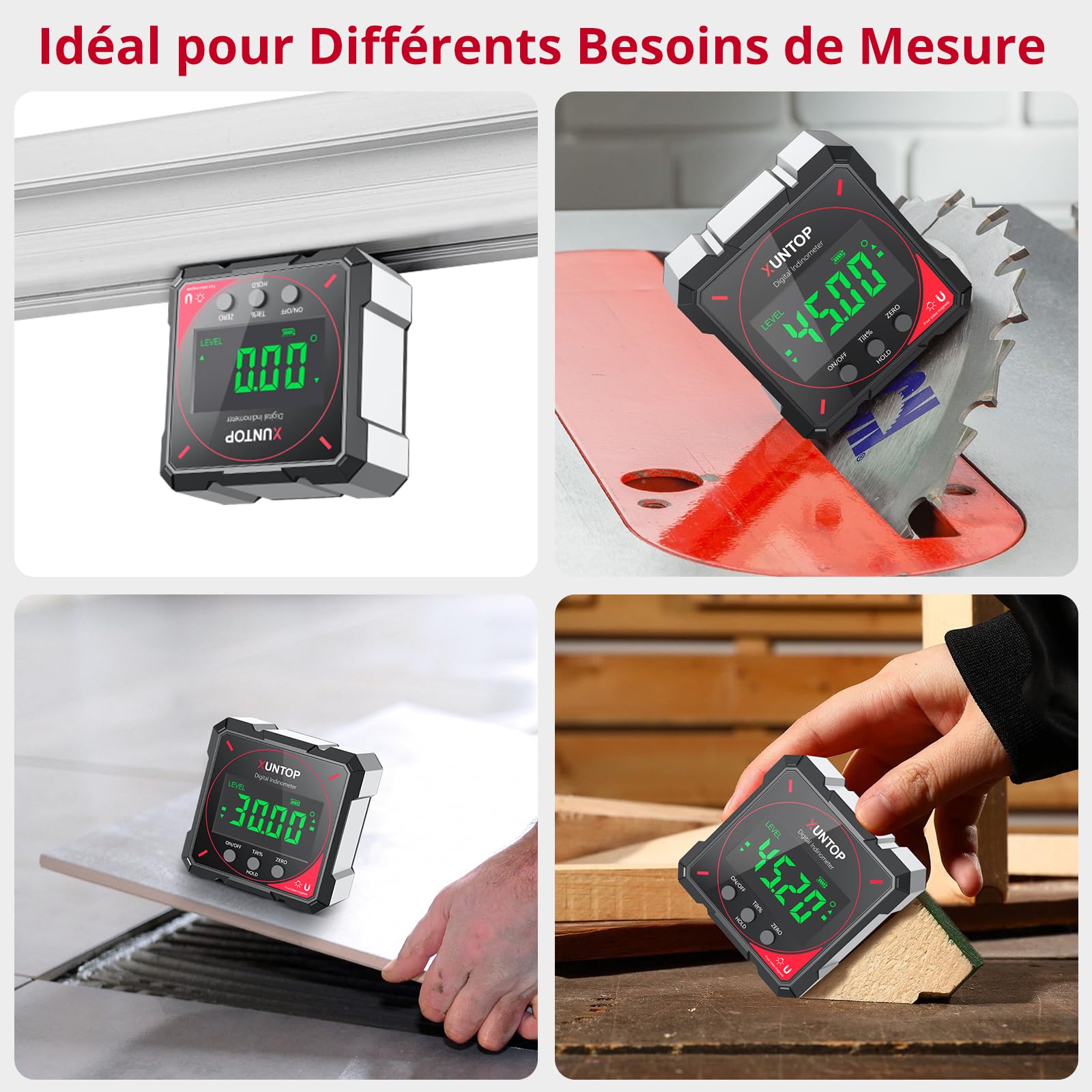 XUNTOP 4 * 90° Inclinomètre Numérique Rechargeable avec Écran LCD IP54 Mesureur d'Angle Digital avec 4 Faces Magnétiques Niveau à Bulle