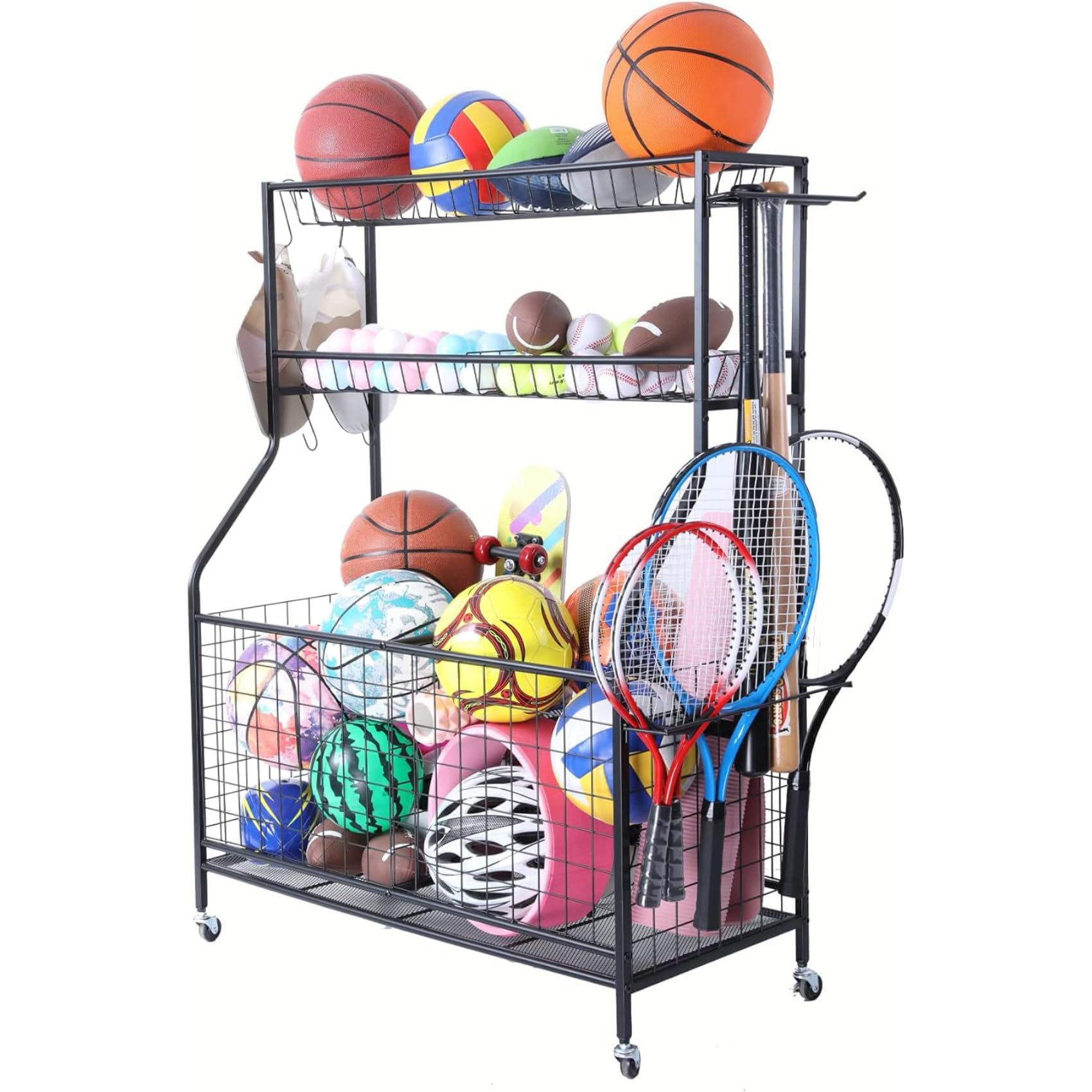 Sportgerätelagerregal aus Kohlenstoffstahl – 2 Körbe, 2 verschließbare Räder – Stabiler Organizer für Homegym, Garage, Schulsportartikel