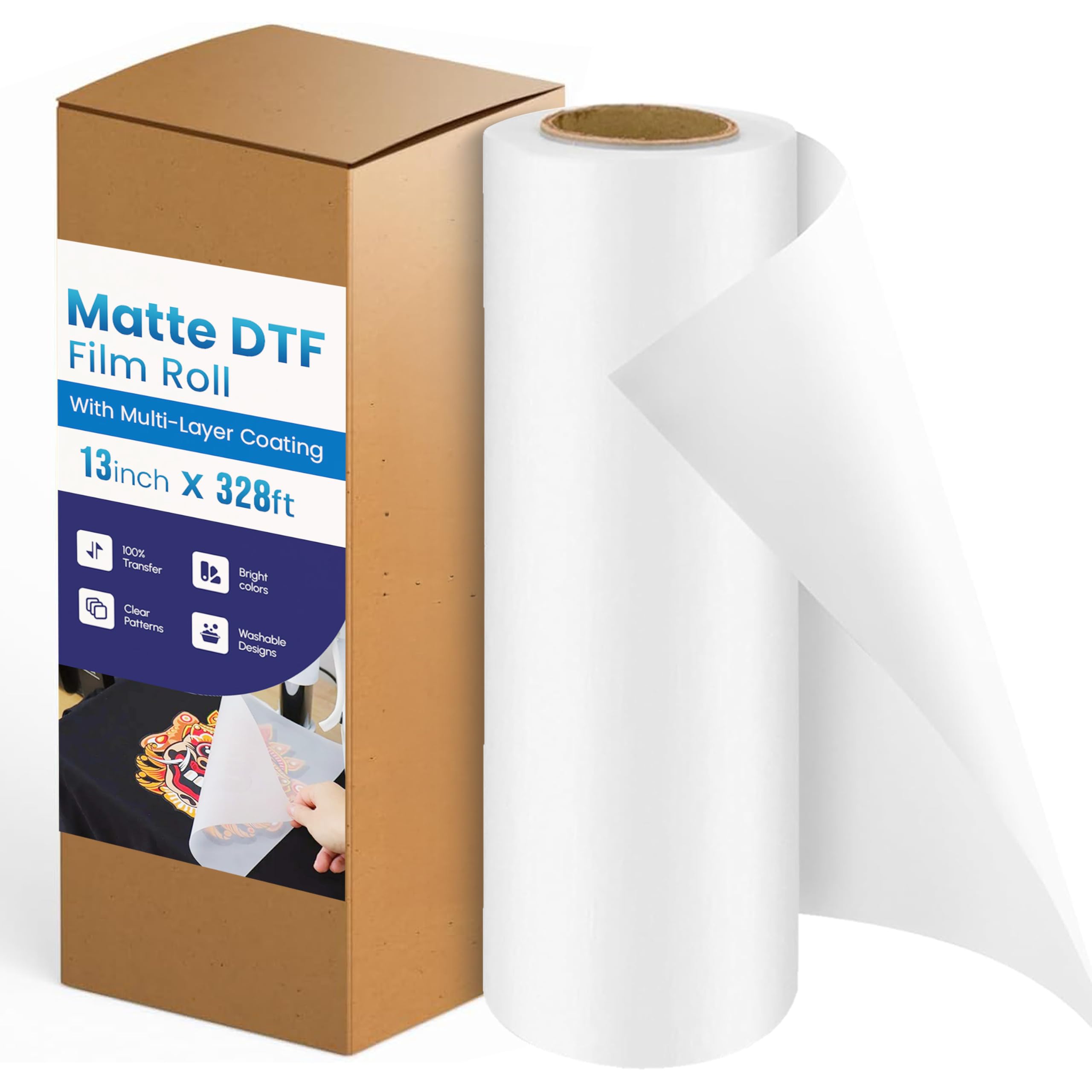 Premium 13" x 328 ft Matte DTF Transfer Film Roll – Multi-Layer Coated DTF Transfers Paper for Superior Ink Absorption, Static-Free Application, Vibrant Prints, & Universal Fabric Compatibility