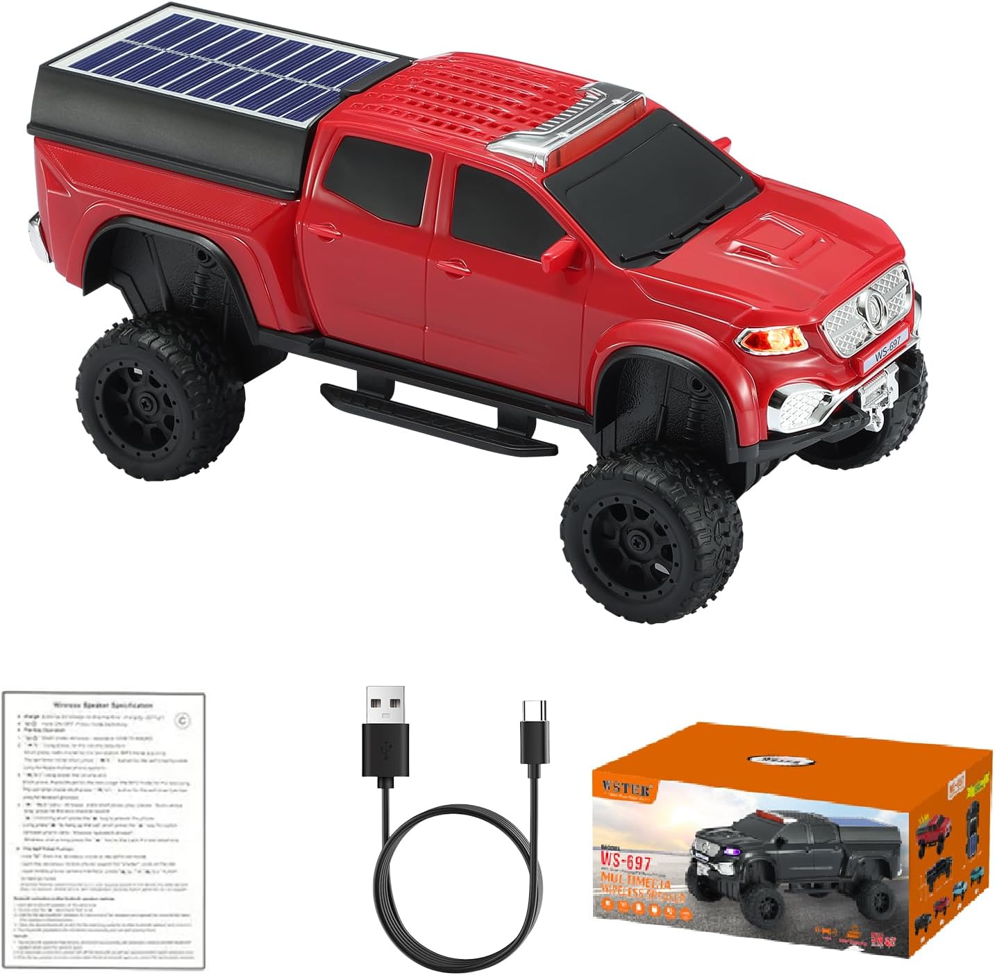 WSTER WS-697 Pickup Truck Bluetooth Replica Speaker – Solar Wireless Car Speaker with LED Lights, TWS Stereo, FM Radio, USB/TF Playback, Hands-Free Call, Type-C Charging, Microphone (Red)