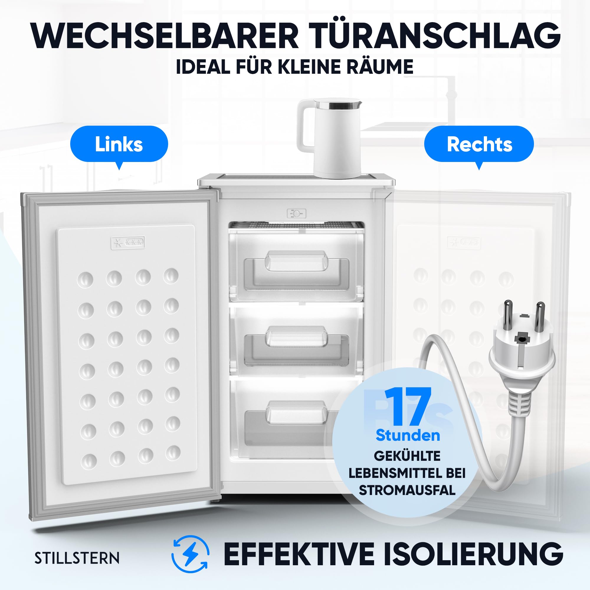 Stillstern Gefrierschrank Klein 73L 4-Sterne-Gefrierfach -18°C Mini Freezer 3 Fächer stufenlos regelbare Temperatur Türanschlag rechts/links R600A Silber
