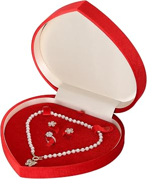 LETURE Large Jewelry Set Gift Box, Heart-Shaped Velvet Necklace Ring Earring Pearl Storage Organizer Holder Box RED
