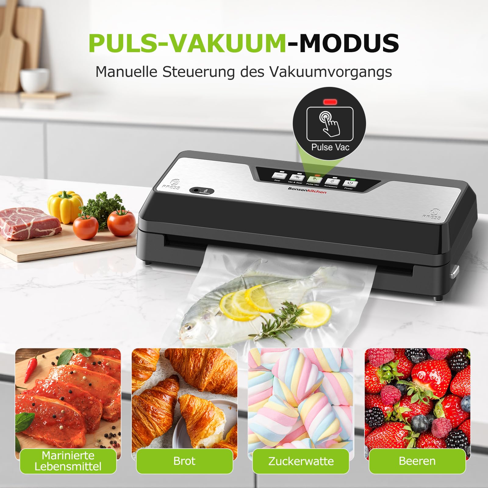 Bonsenkitchen Vakuumiergerät für Lebensmittel, Kompakt, Mehrfach-Modi, inkl. 1 Rolle und 5 Beutel, Schwarz
