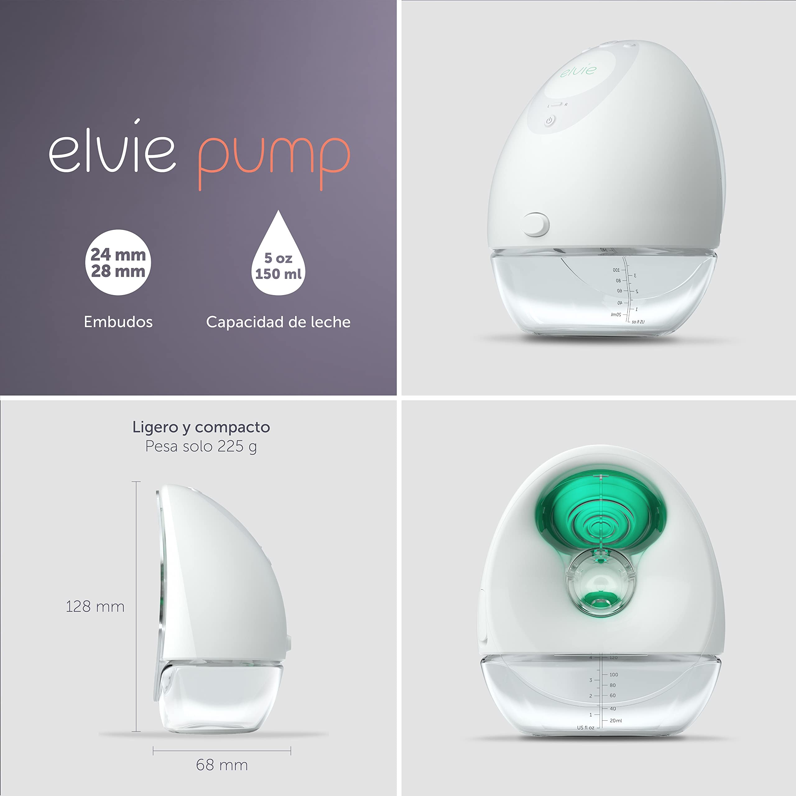 Elvie Pump Sacaleches Eléctrico Portátil Doble (conchas 21/24mm incluidas) - Silencioso, Manos Libres - Fácil de Limpiar y Transportar - Control via App - Sin Cables