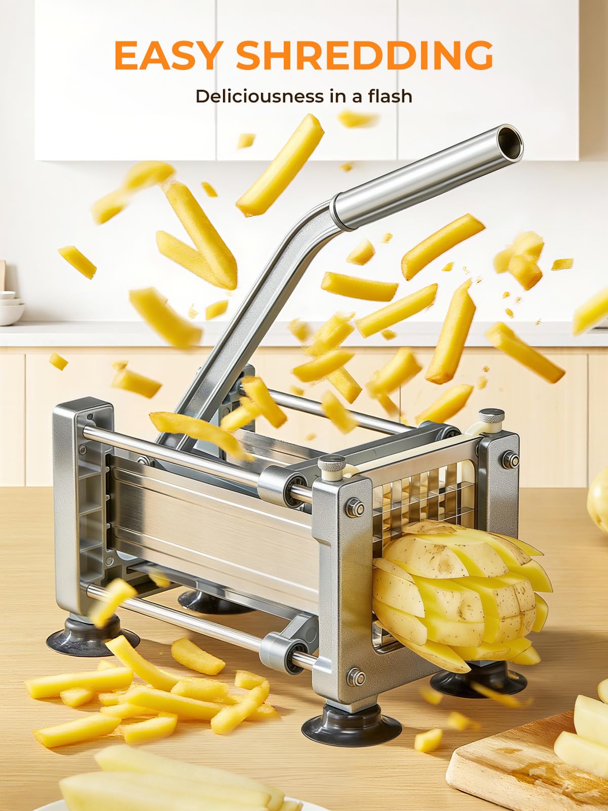 FOHRER Tagliapatate Professionale in Acciaio Inox con 3 Lame (13, 9, 6 mm) per Patate Intere, Carote, Cetrioli, Cipolle e Patate Fritte (Argento)