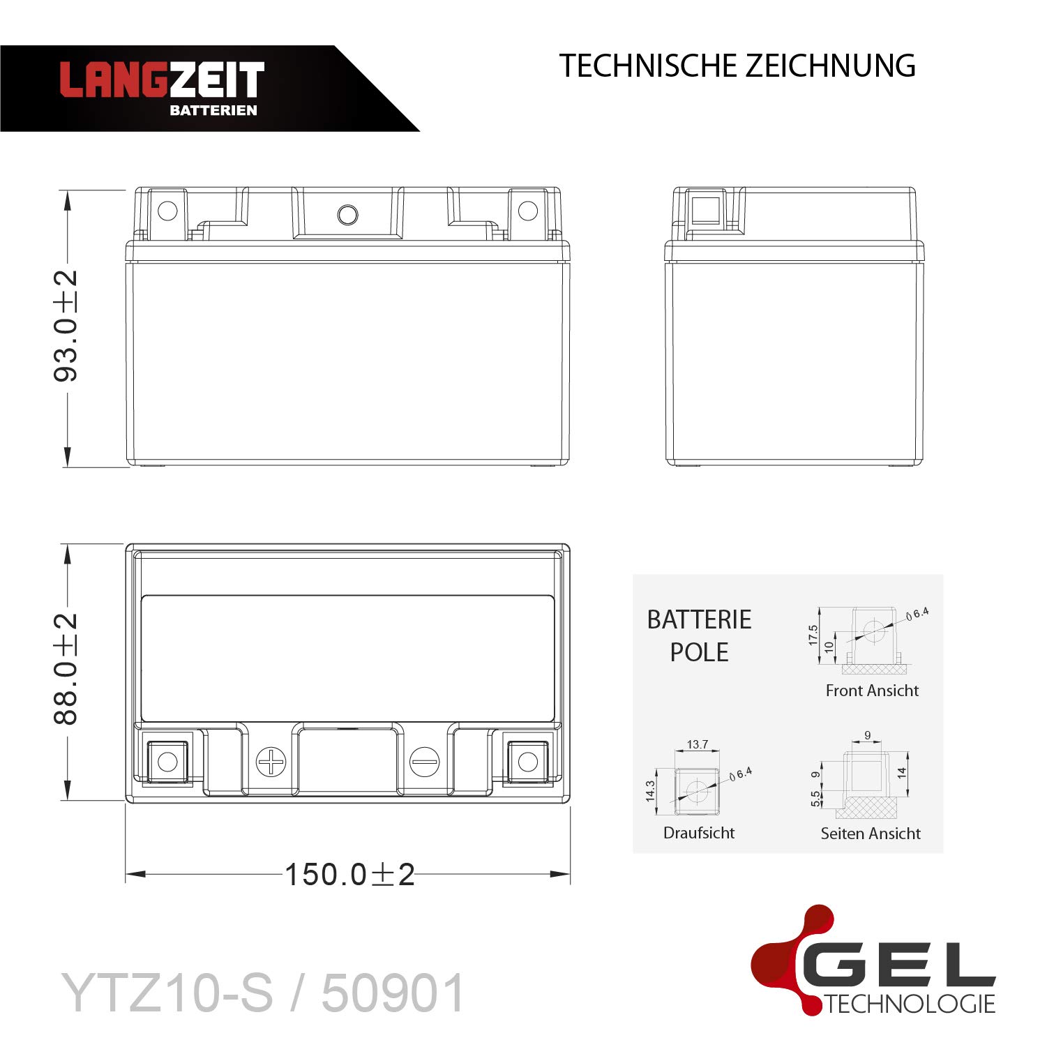 LANGZEIT YTZ10-S batteria moto 9Ah 12V 50901 YTZ10S TTZ10S YTZ10-S GTZ10-S senza manutenzione