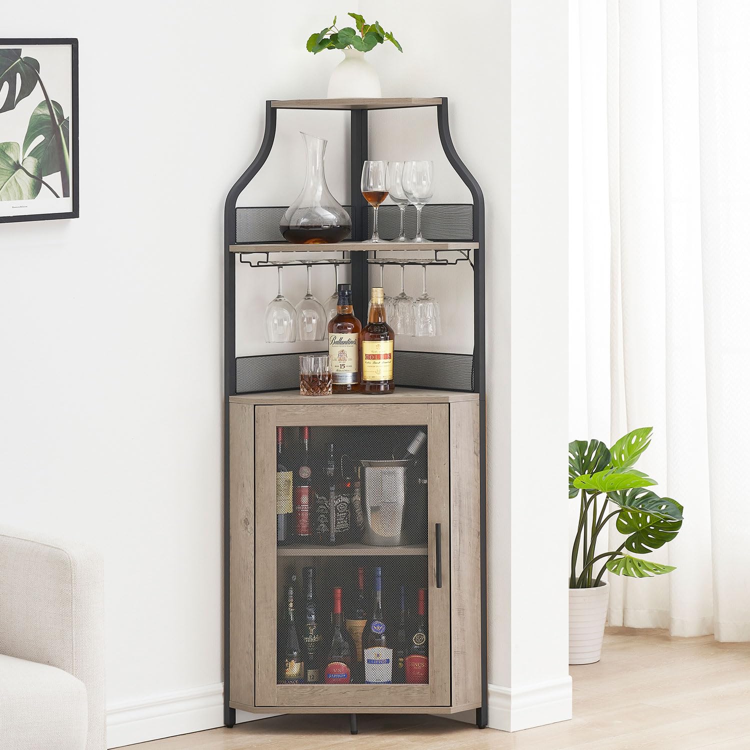Photo 1 of ***DAMAGED -MISSIG PIECES -SELLING AS PARTS ONLY*** GAOMON Corner Wine Bar Cabinet with Large Storage Space and Removable Wine Rack, Coffee Bar Cabinet with Glass Holder and Mesh Door, 4-Tier Liquor Cabinet Bar, Grey