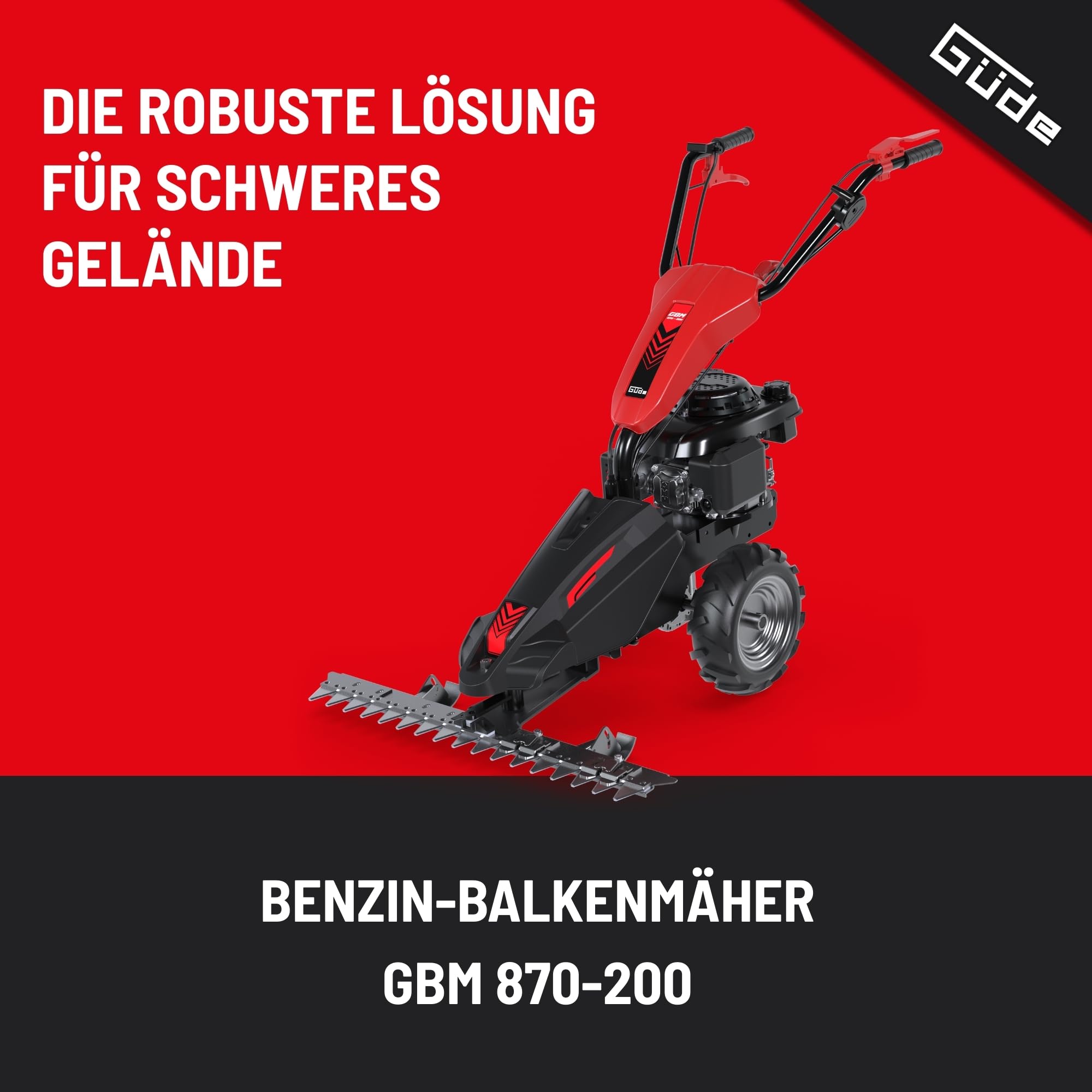 Güde GBM 870-200 Benzin-Balkenmäher - 4-Takt, 200 Kubikzentimeter Hubraum, 3,5 Kilowatt, 4,7 PS, 87 Zentimeter Schnittbreite, 3-8 cm Schnitthöheneinstellung, Radantrieb, vibrationsgedämpfter Holm