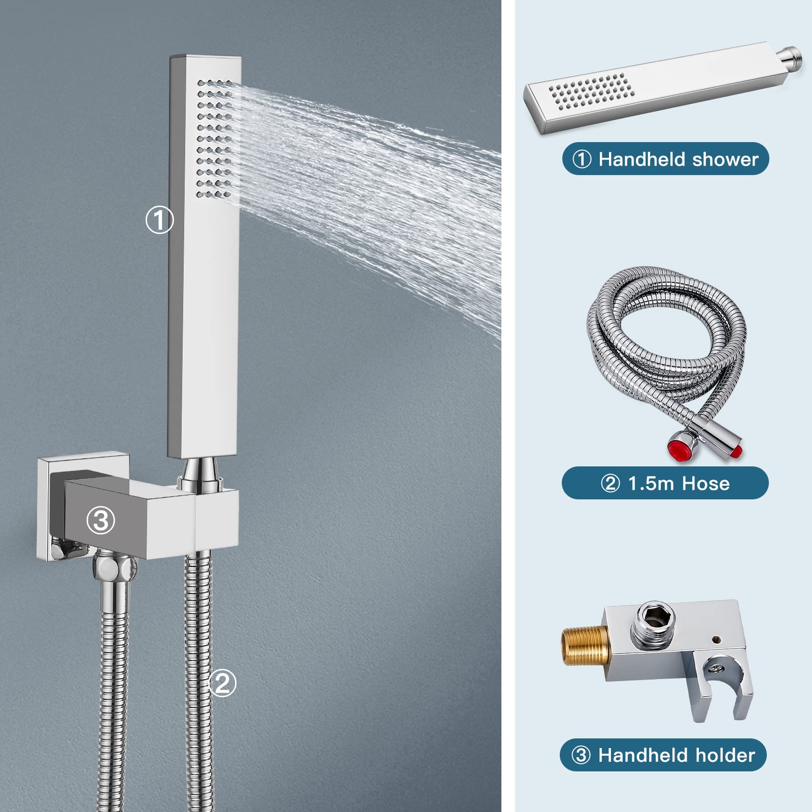 Midanya Ducha de baño de mano con pulverizador cuadrado de cromo pulido SUS304 de acero inoxidable de alta presión con conector de pared, soporte de ducha y manguera de ducha flexible de 60 pulgadas