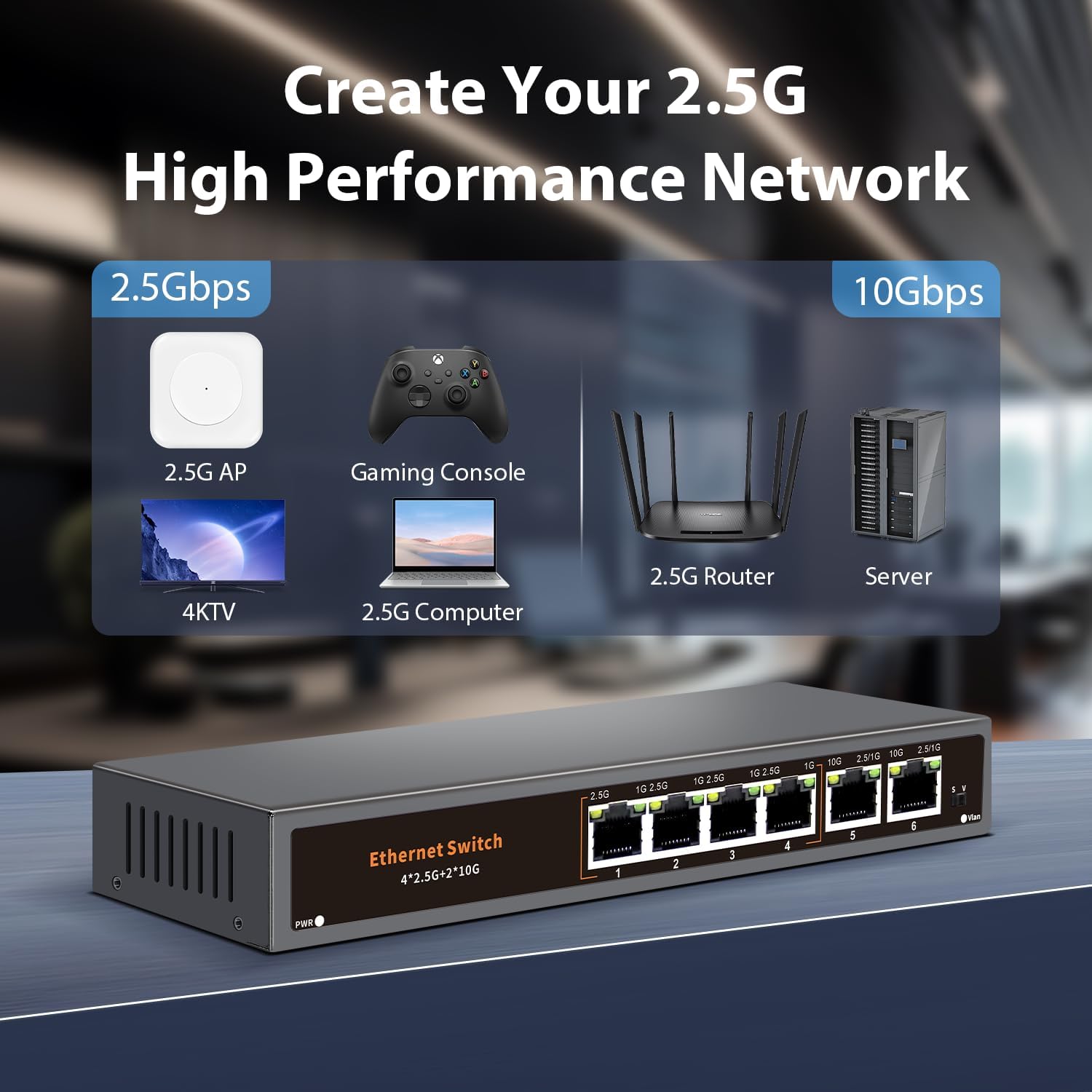 2.5G Unmanaged Ethernet Switch with 4 x 2.5G Base-T Ports and 2 x 10G RJ-45 Uplink Port-Compatible with 100/1000/2500Mbps, One-Key WLAN, Fanlesss Plug & Play, Metal 2.5Gb Network Switch