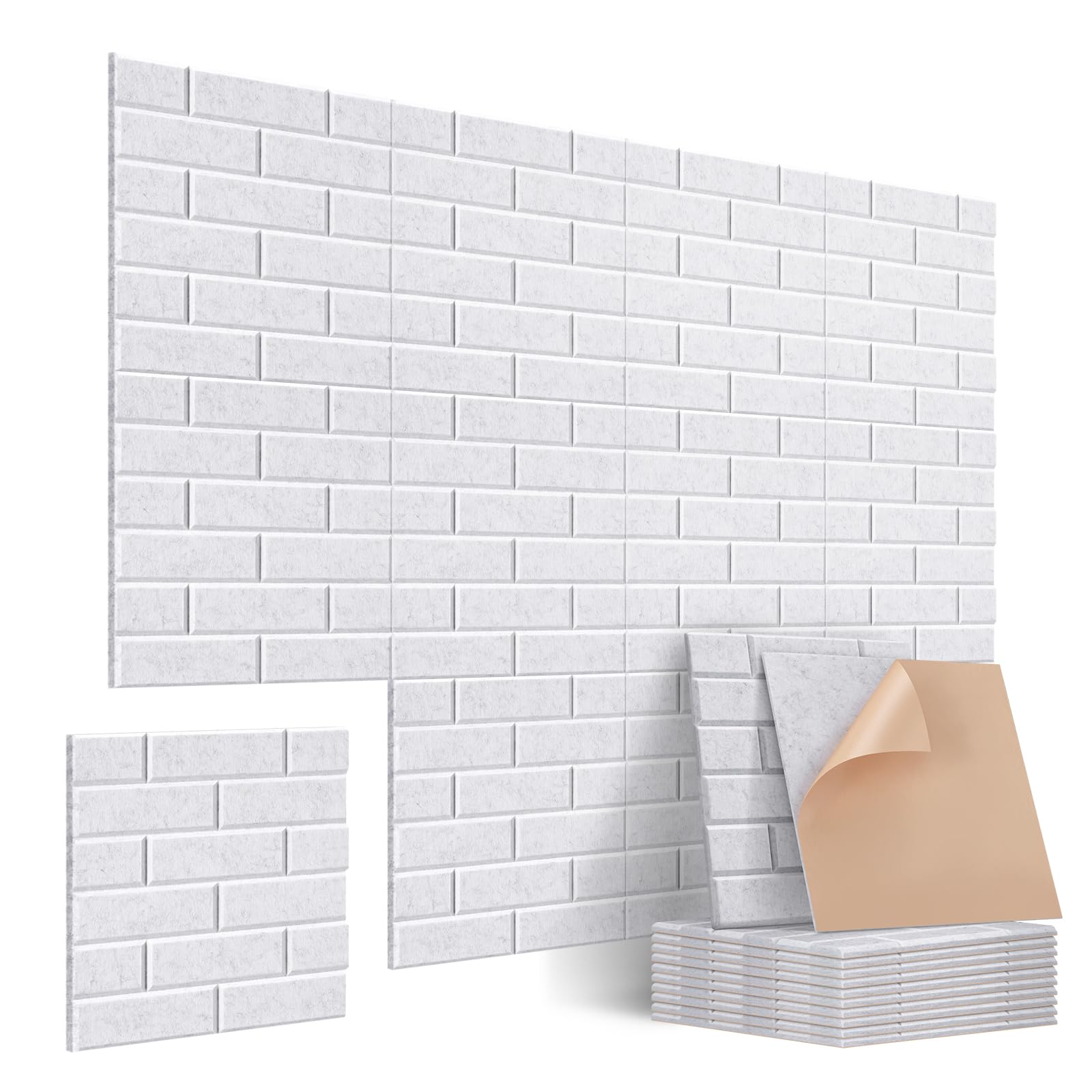 JAMELO Paquete de 12 paneles acústicos autoadhesivos de 12 x 12 x 0.4 pulgadas, paneles acústicos elegantes en forma de ladrillo, paneles de pared de aislamiento 3D de alta densidad para puerta, techo
