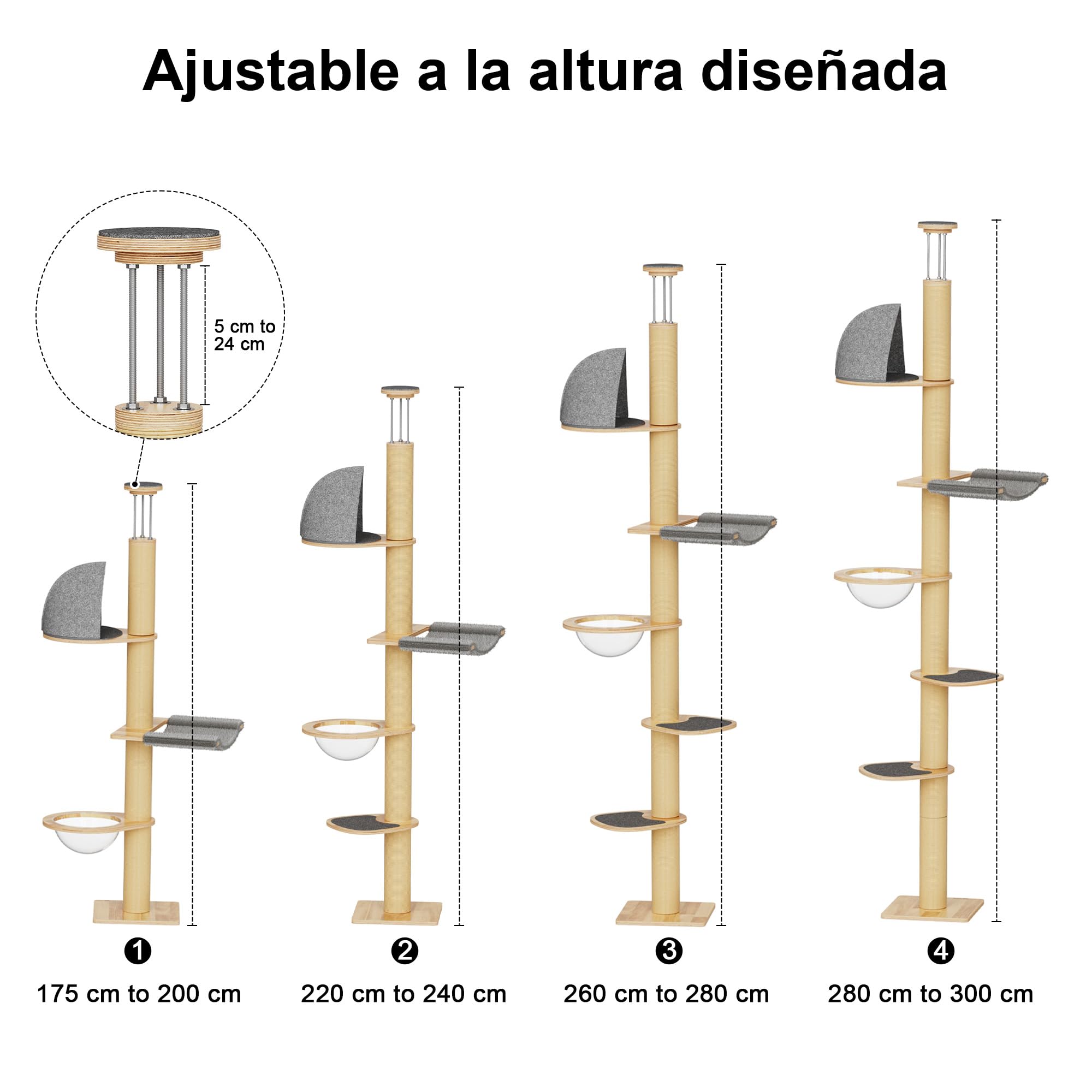 FUKUMARU Árbol rascador para Gatos, Torre de 6 Niveles hasta el Techo (280-300 cm), montado en la Pared, Hecho de Madera de Caucho Natural, con cápsula Espacial Transparente y cómoda Hamaca, Gris