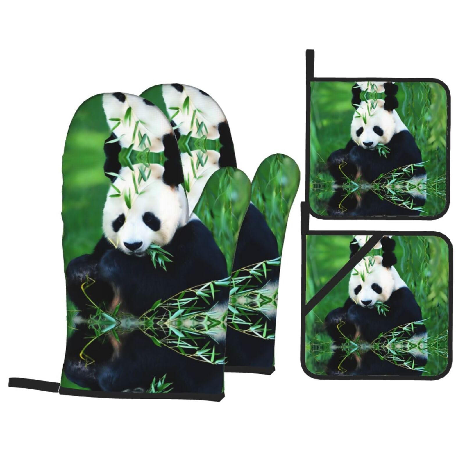 YYHHAOFA Panda Prints Kitchen Baking Set with Heat Resistant Pot Holders & Oven Mitts - Waterproof Layer for Hot Dishes, Grill & Microwave