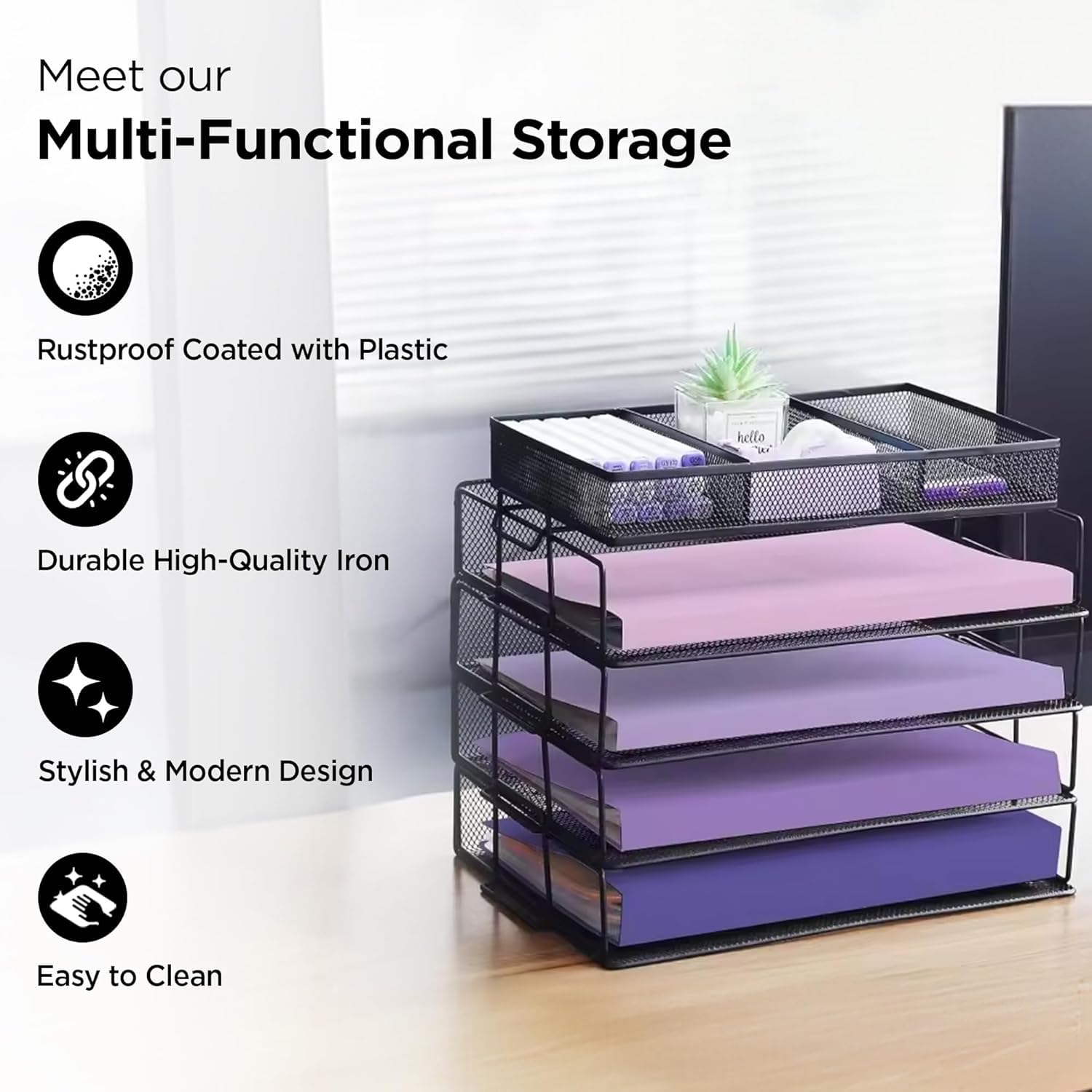 Kuber Industries 4-poziomowy metalowy organizer na biurko, organizer na dokumenty, z dodatkowymi górnymi mini koszami do przechowywania spinek do papieru, długopisów i akcesoriów stacjonarnych, taca