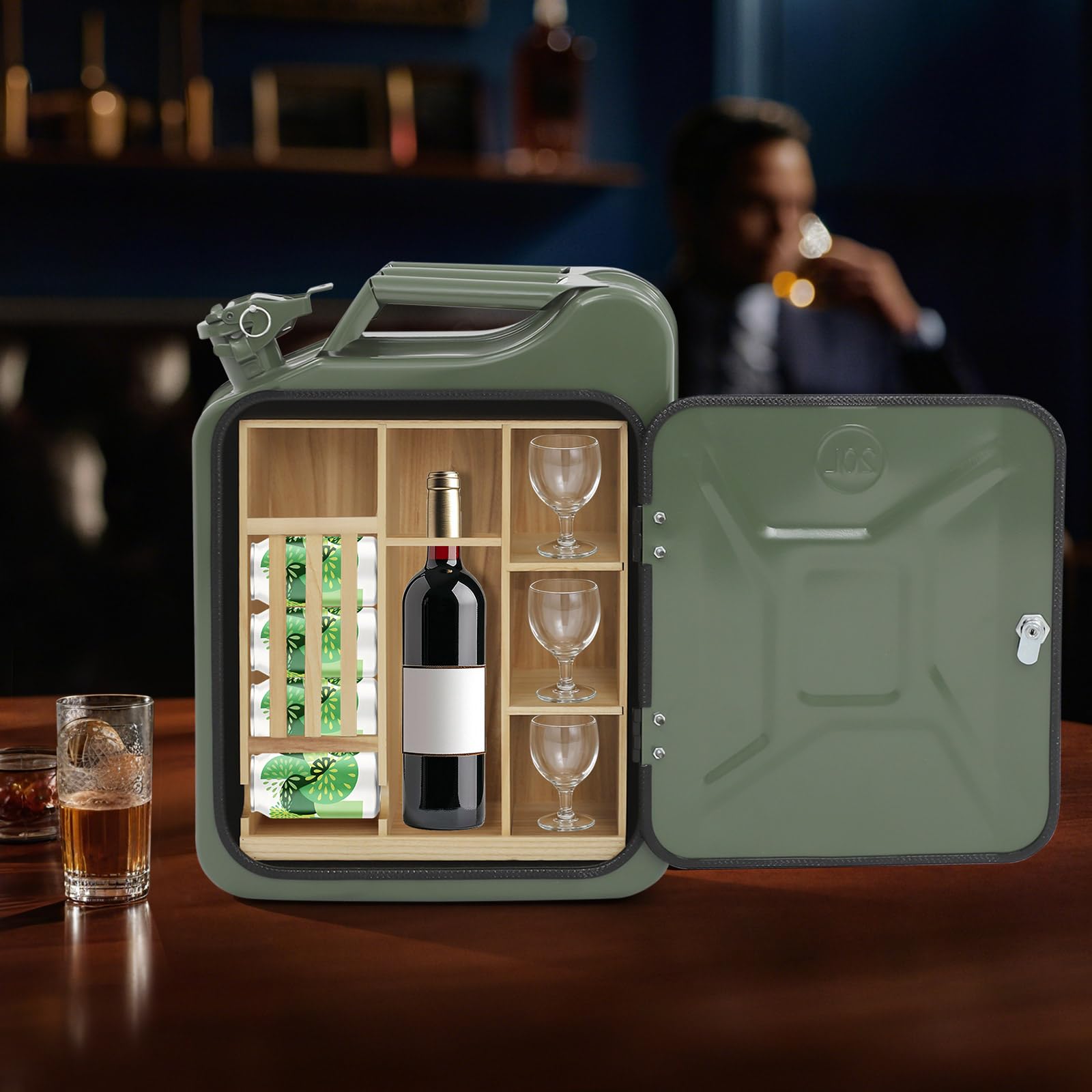 Bidon en métal, mini bar verrouillable avec compartiments en bois, cadeau pour homme, bar mobile, 35 x 15,5 x 47 cm