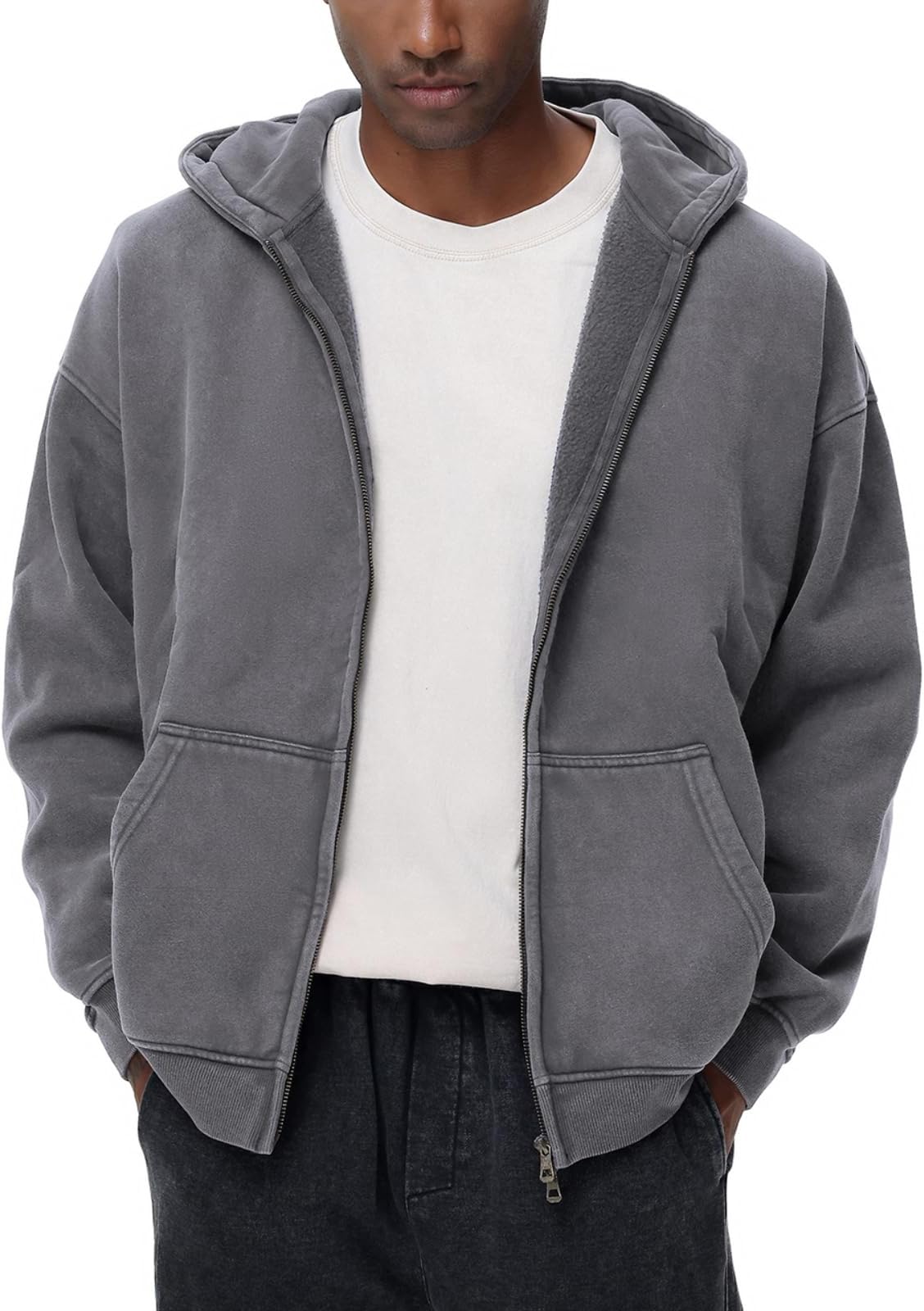 Mens Womens Fleece Double Zip Up Hoodies Oversized Acid Wash Vintage Heavyweight Sweatshirt Hooded Jacket