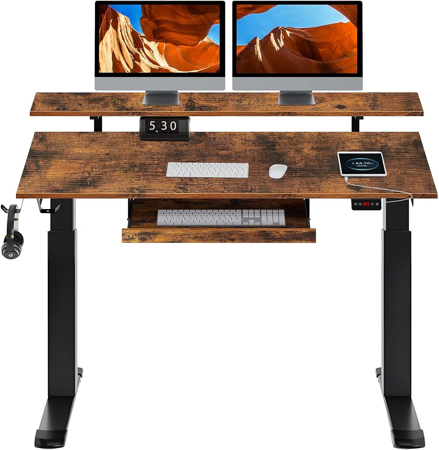 Rolanstar Standing Desk Dual Motor with USB Charging Ports, 47" Adjustable Height Desk with Keyboard Tray and Monitor Shelf, Electric Standing Desk with Double Headphone Hook, Rustic Brown : Home & Kitchen