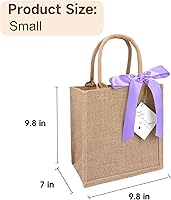 Vista 5 de Paquete de 6 bolsas de arpillera con asas reutilizables pequeñas bolsas de regalo de yute con cintas de seda moradas, forro impermeable para boda