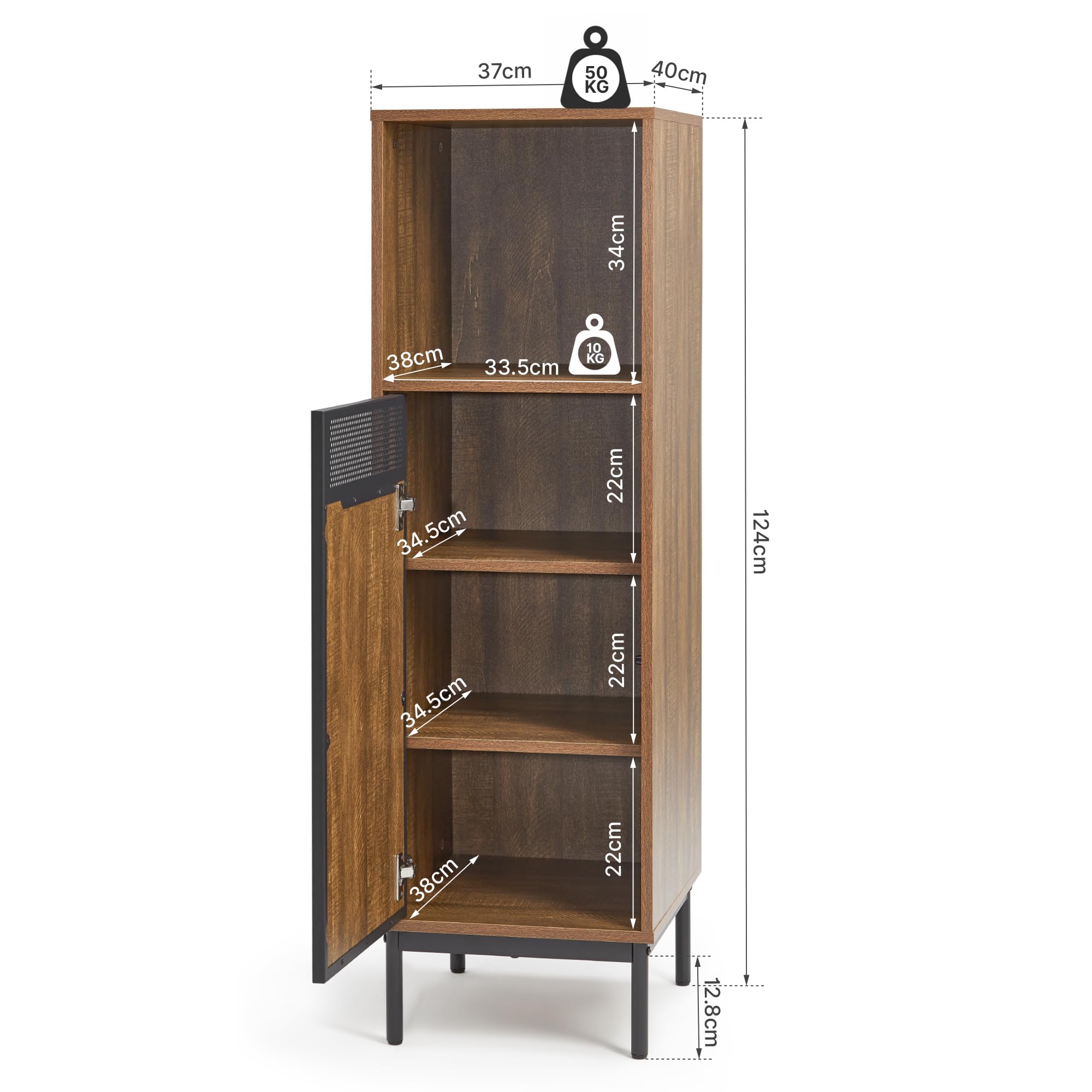 Keuken Dressoir 140x40x80cm Met 3 Lades, 1 Deur En 3 Glazen Planken Led Inbegrepen Body In Naturel En Zwart Houtnerf Fineer