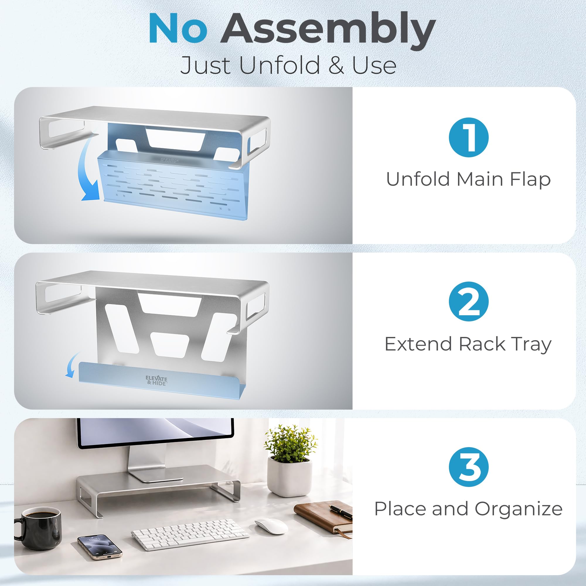 Elevate & Hide Soporte elevador de aluminio para escritorio, soporte plegable para computadora con almacenamiento de regleta de alimentación y gestión de cables, organizador de estante de escritorio