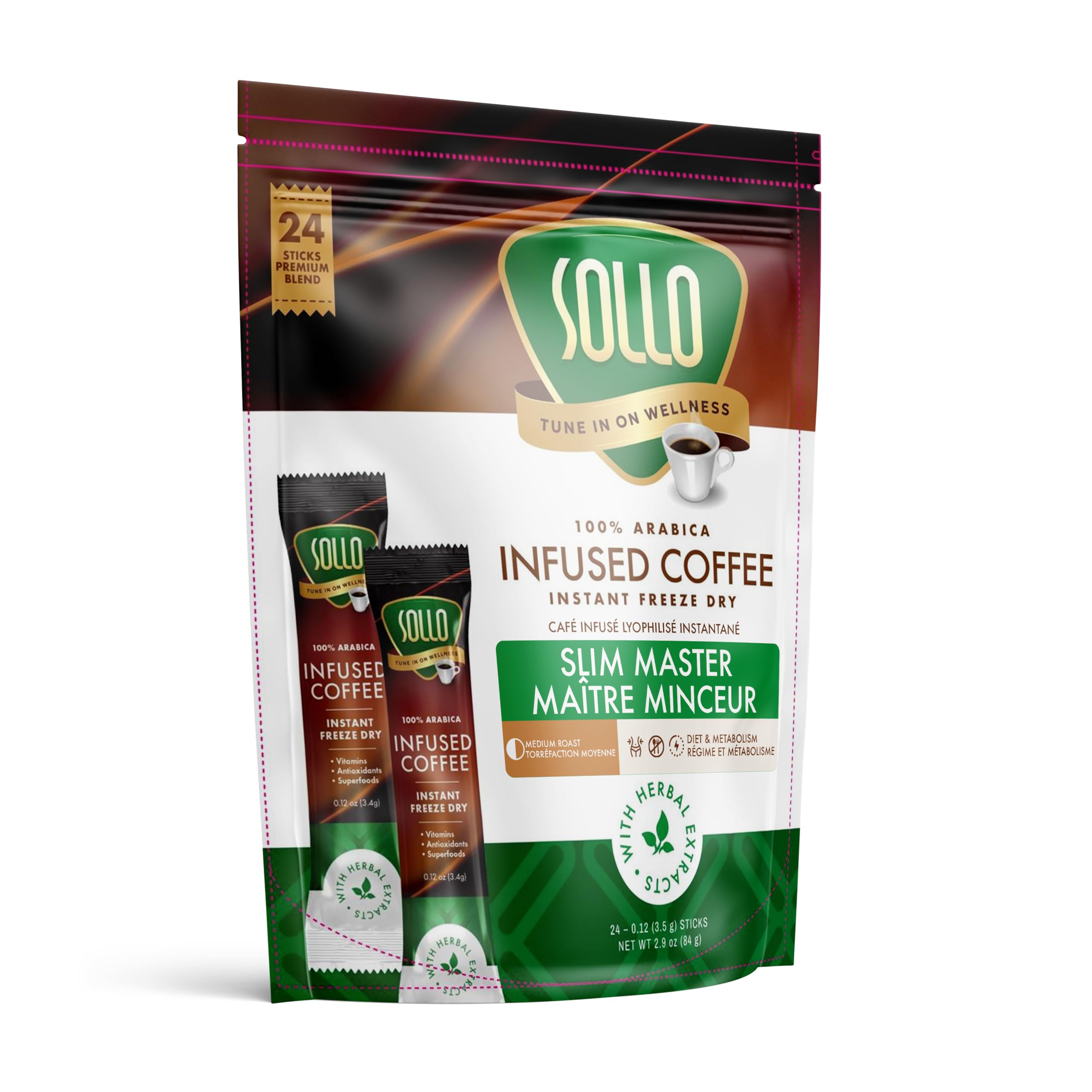 SOLLO Slim Infused Instant Coffee sticks (24 Servings) Weight Loss Healthy Body Support, Medium- Dark Roast, 100% Arabica Freeze Dried Coffee in Single Serve Sticks.