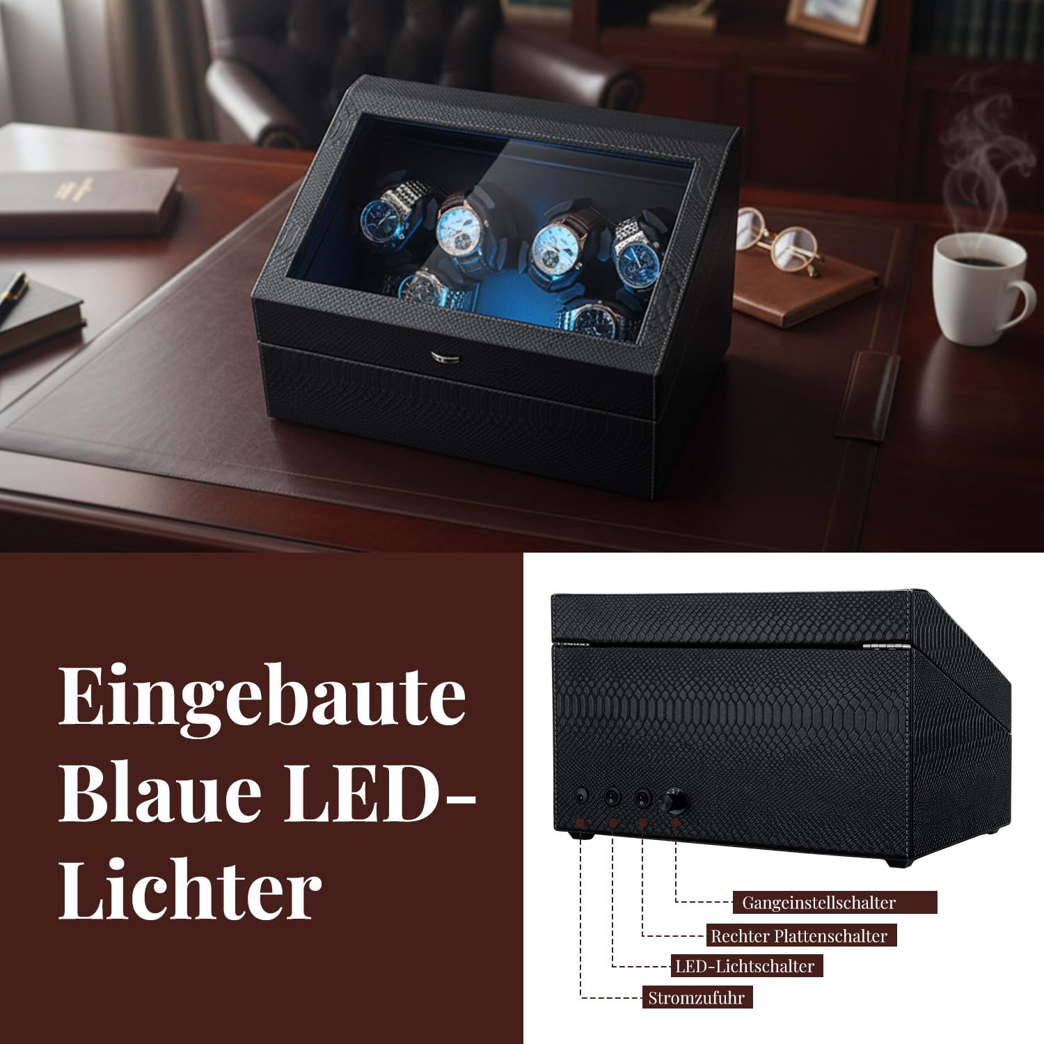 Mcbazel Automatische Uhrenbeweger 6 Uhren + 6 Gitter Aufbewahrung mit LED-Licht, Watch Winder Uhrenwinder Leiser Motor 4 Rotationsmodi, USB DC betrieben, Unabhängige Steuerung für Drehteller