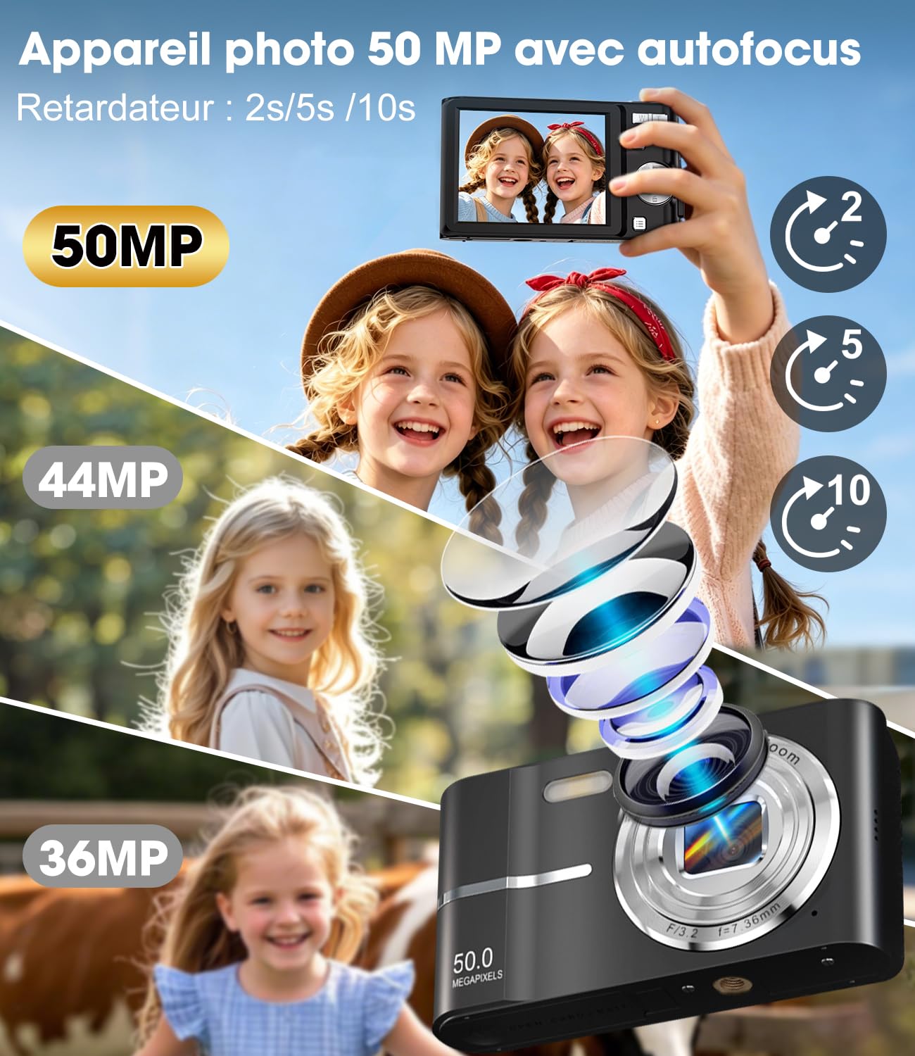 Appareil Photo Numérique 50MP 1080P, Compact Appareil Photo avec Carte 16Go, Écran 2,4”, Zoom Numérique 16X, Mini Camera Vlog pour Enfants, Adolescents, Étudiants, Cadeau d'anniversaire Vacances-Noir