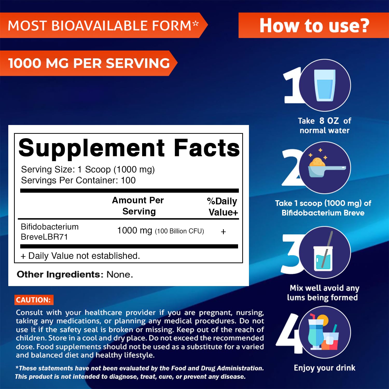 Vitamatic Bifidobacterium Breve Probiotic Powder - Digestive Health Support - 100 Gram (3.5 OZ) - 100 Servings