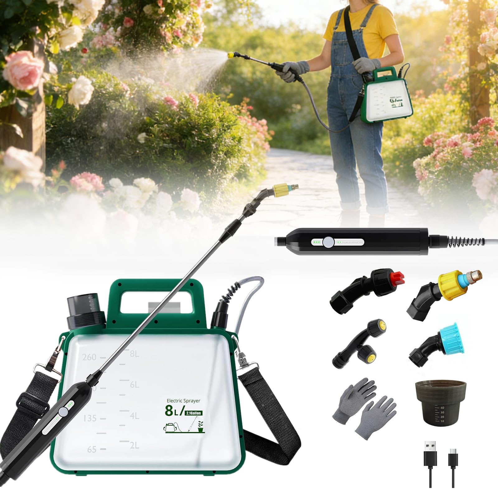 Photo 1 of Battery Powered Garden Sprayer 2.1 Gallon,2500mA Electric Weed Sprayer with Rechargeable Handle,4 Mist Nozzles, Adjustable Shoulder Strap & 37" Retractable Wand,Weed Sprayers for Lawn & Yard (Green)