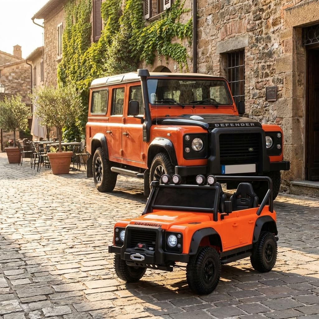 Elektryczny samochód dla dzieci Land Rover Defender 110 SVX 12V, pomarańczowy, skrzynia biegów 4X4, reflektory LED, zawieszenie przednie i tylne, pilot 2,4 GHz, wejście USB/Aux, Bluetooth, bateria