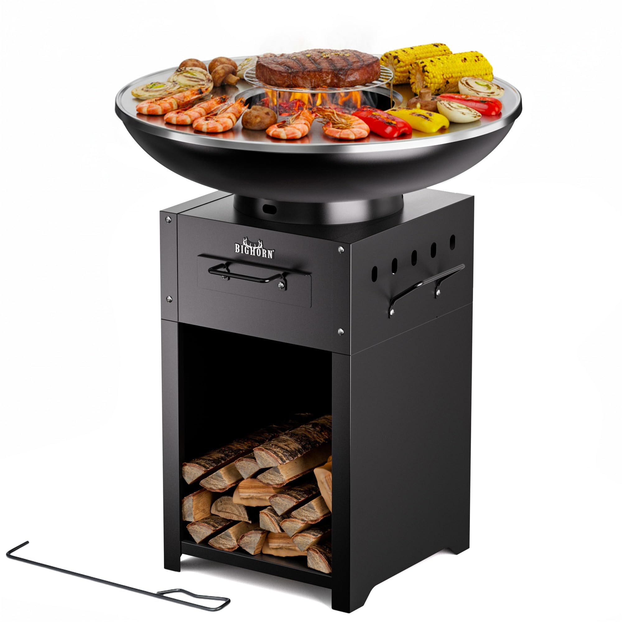 Big Horn Outdoors Plancha Grill, Feuerschale aus Edelstahl mit Teppanyaki 60 cm, Grillplatte, Küche im Freien, Gartenparty, Camping, Kochen im Freien