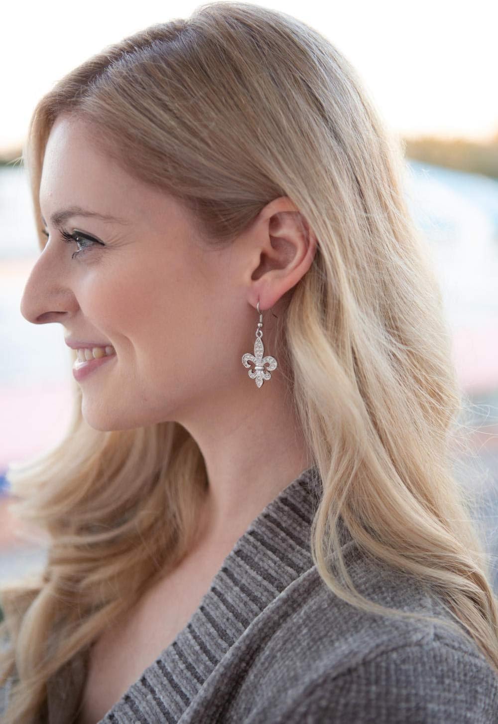 PammyJ Silvertone Clear Crystal Fleur De Lis Dangle Earrings - Image 2