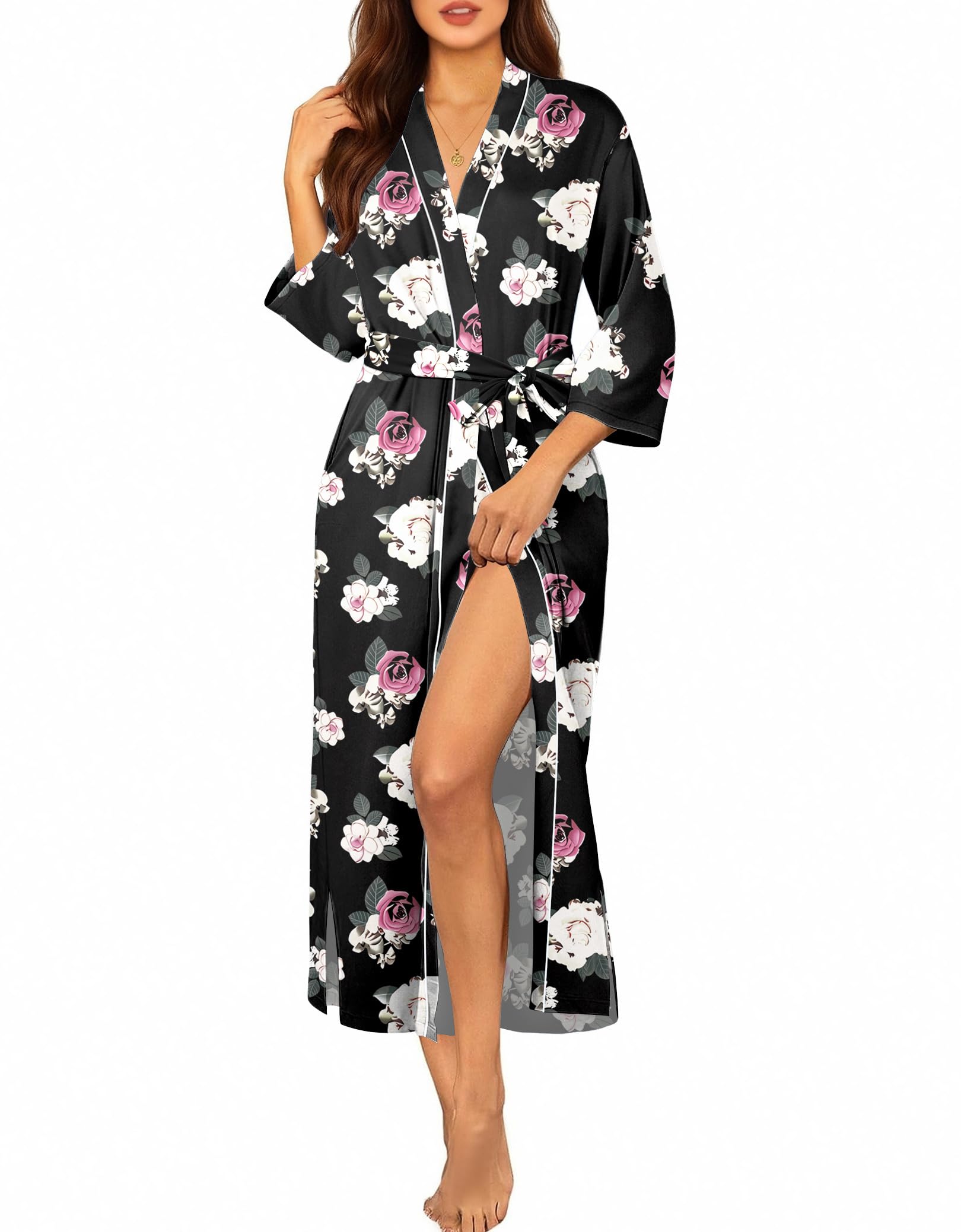 Ekouaer Robes for Women Long Knit Bathrobe Lightweight 3 4 Sleeves Kimono Robe Soft Sleepwear with Pockets S-XXL