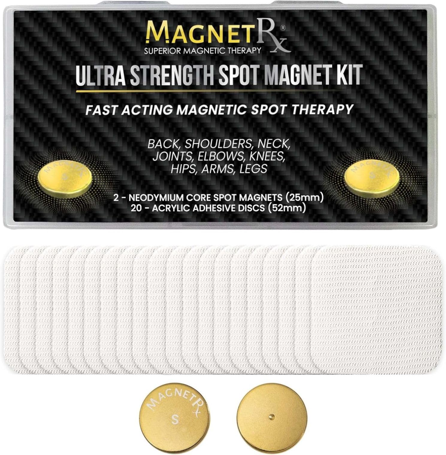 MagnetRX® Set di Magneti per Terapia ad Alta Potenza – Cerotti Magnetici per Dolori di Schiena, Spalle, Ginocchia, Fianchi, Collo e Corpo – Con 2 Magneti Riutilizzabili e 20 Cerotti Adesivi