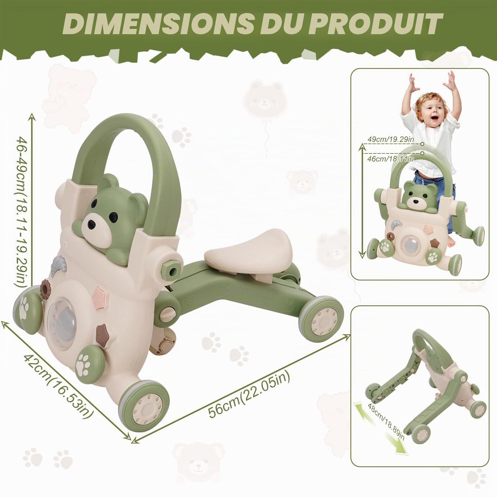 Trotteur Pour Bébé 3 en 1,Musique et Jouets, Trotteur à Vitesse Réglable, Trottinette et Vélo d'équilibre,Contrepoids Réglable,pour Bébé à Partir de 6 Mois