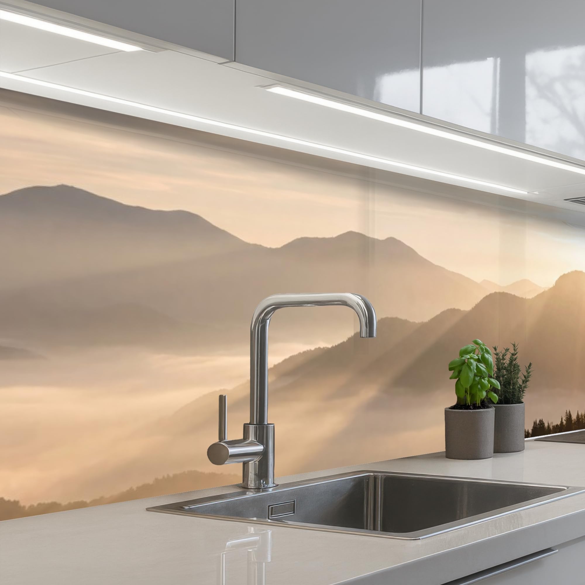 KitchenYeah© Splashback for kitchen 24"x98" / 60x250 cm self-adhesive Wall Protector Splash Back Cooker Backsplash Mountains - Fog - Sunbeams
